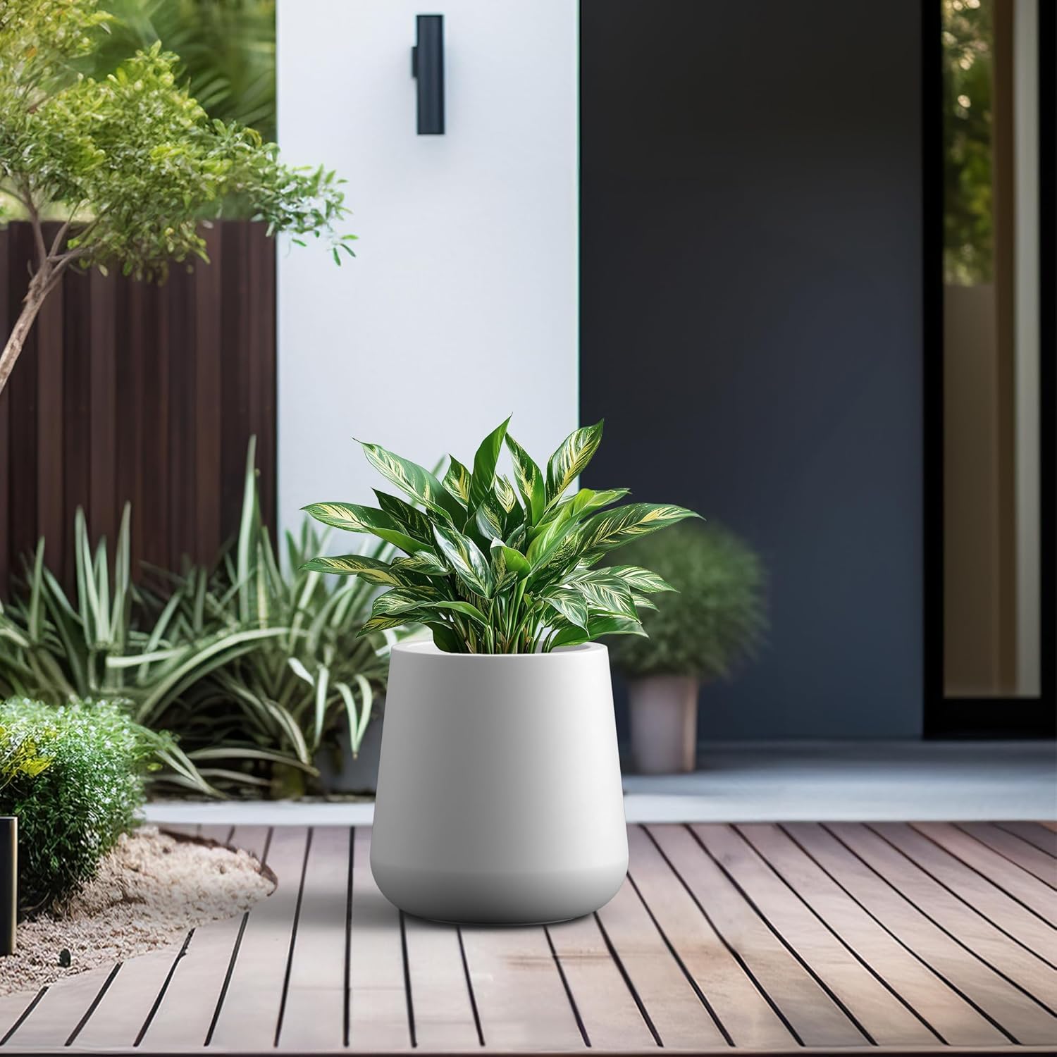 Kante 11.8-Inch Dia Round Concrete Garden Pot with Drainage Hole & Rubber Plug - Indoor/Outdoor Lagre Plant Pot for Home, Garden, Patio, White