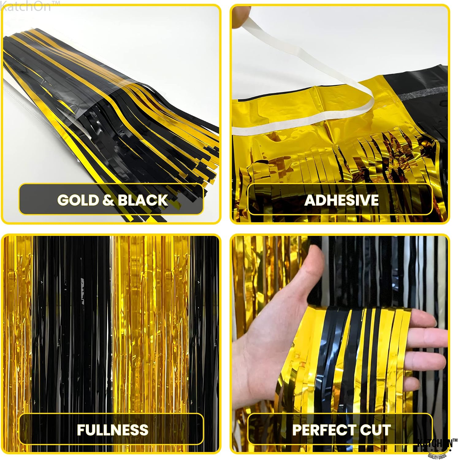 KatchOn, Xtralarge Black and Gold Streamers - 8x3.2 Feet, Pack of 2 | Black and Gold Fringe Curtain for Birthday Party, Tinsel Curtain Backdrop for Graduation Decorations 2026 | Prom Decorations 2026