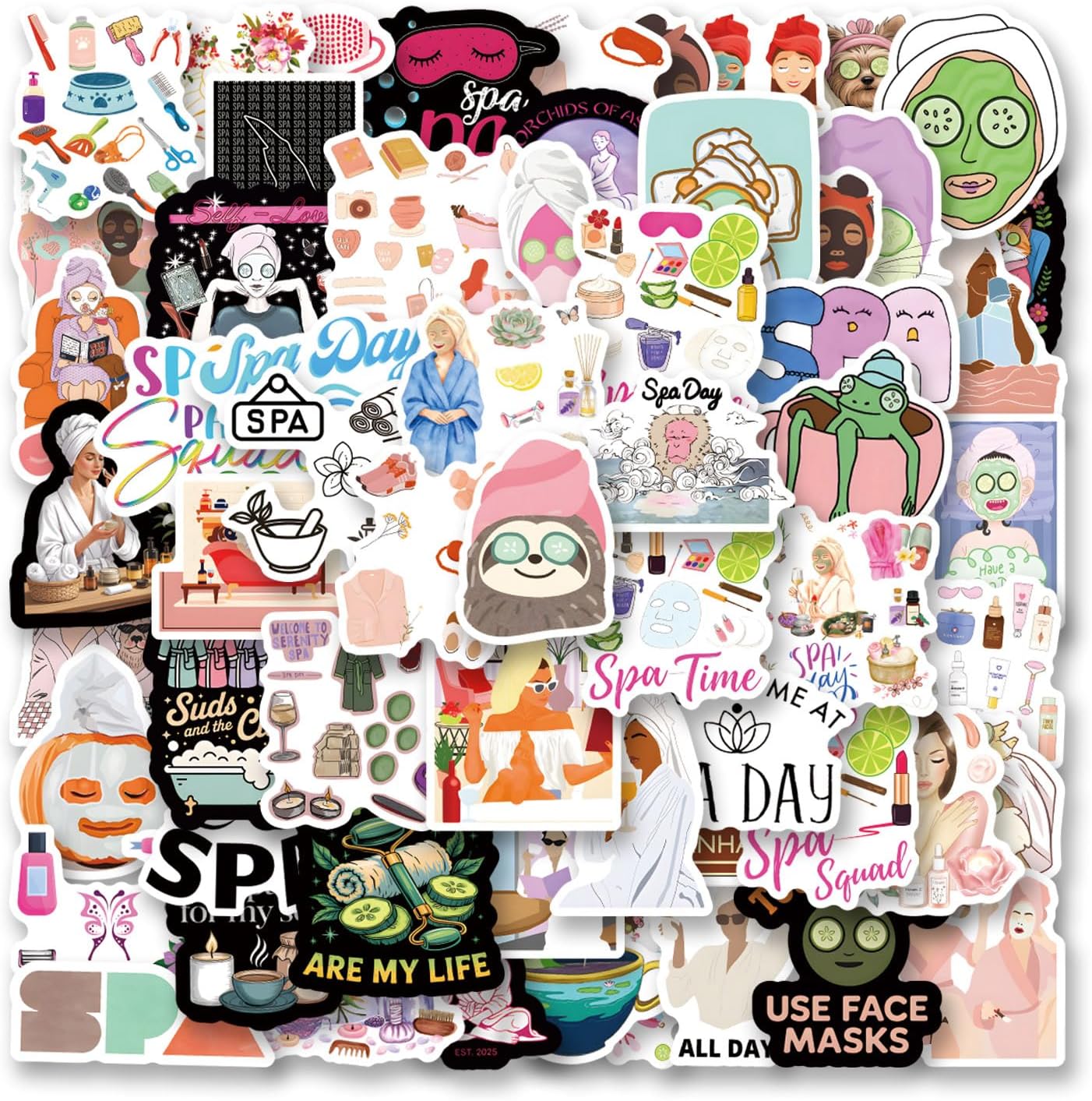 62pcs SPA Stickers Pack，Cute Cartoon Aesthetic Waterproof Stickers，Vinyl Art Water Bottle,Skateboard,Laptop,Phone,Journaling,Scrapbooking Decals
