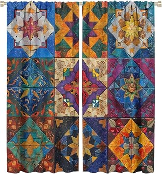 Colorful Patchwork Geometric Blackout Curtains for Bedroom/Living Room, Floral Argyle Curtains Rod Pocket Thermal Insulated Window Drapes, 2 Panels/Each 21" W x 45" L