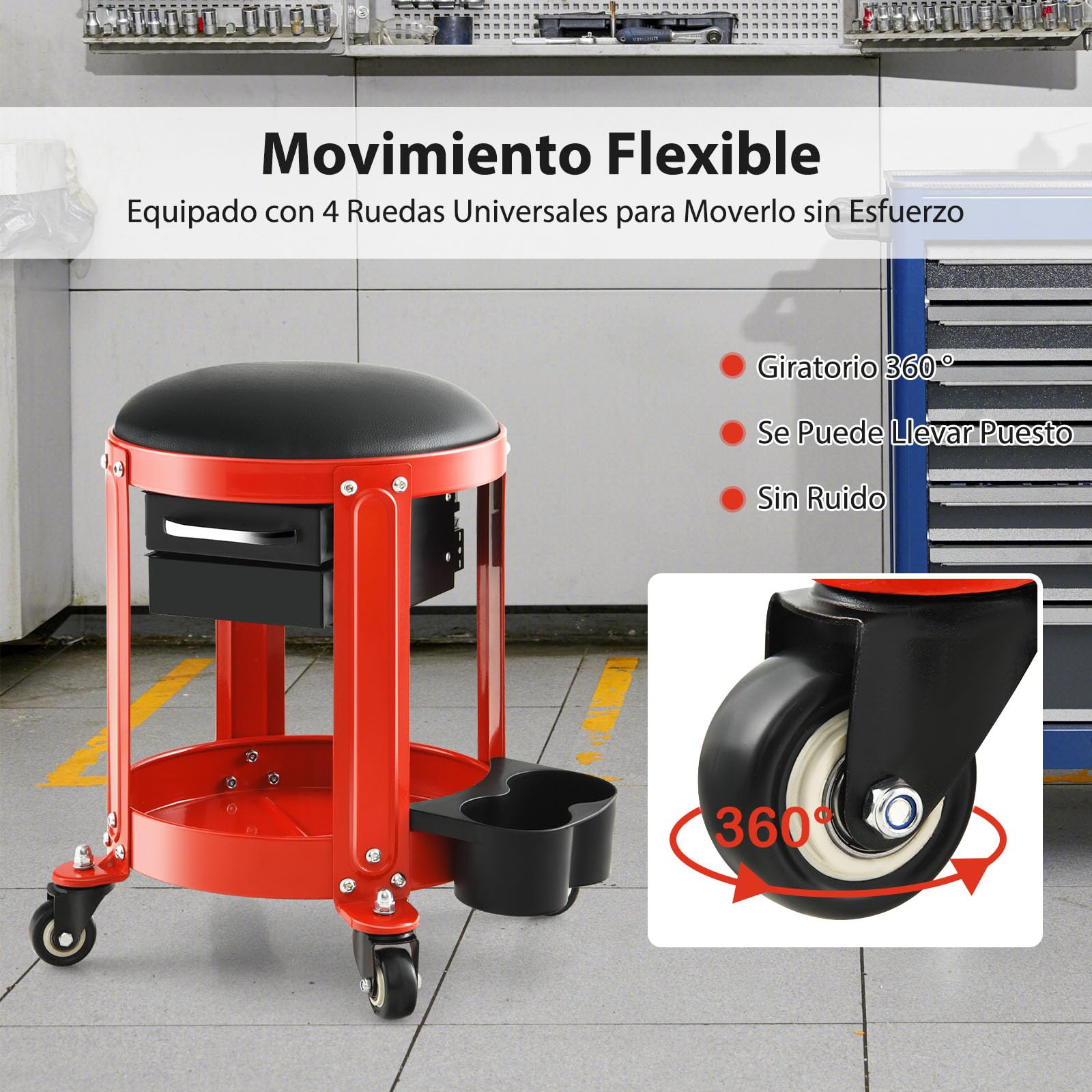 GYMAX Taburete Taller con Ruedas, hasta 150 kg, Taburete con Ruedas con Cajones Dobles, Soporte para Latas y 4 Ruedas Universales, Taburete Mecánico con Bandeja para Taller y Garaje