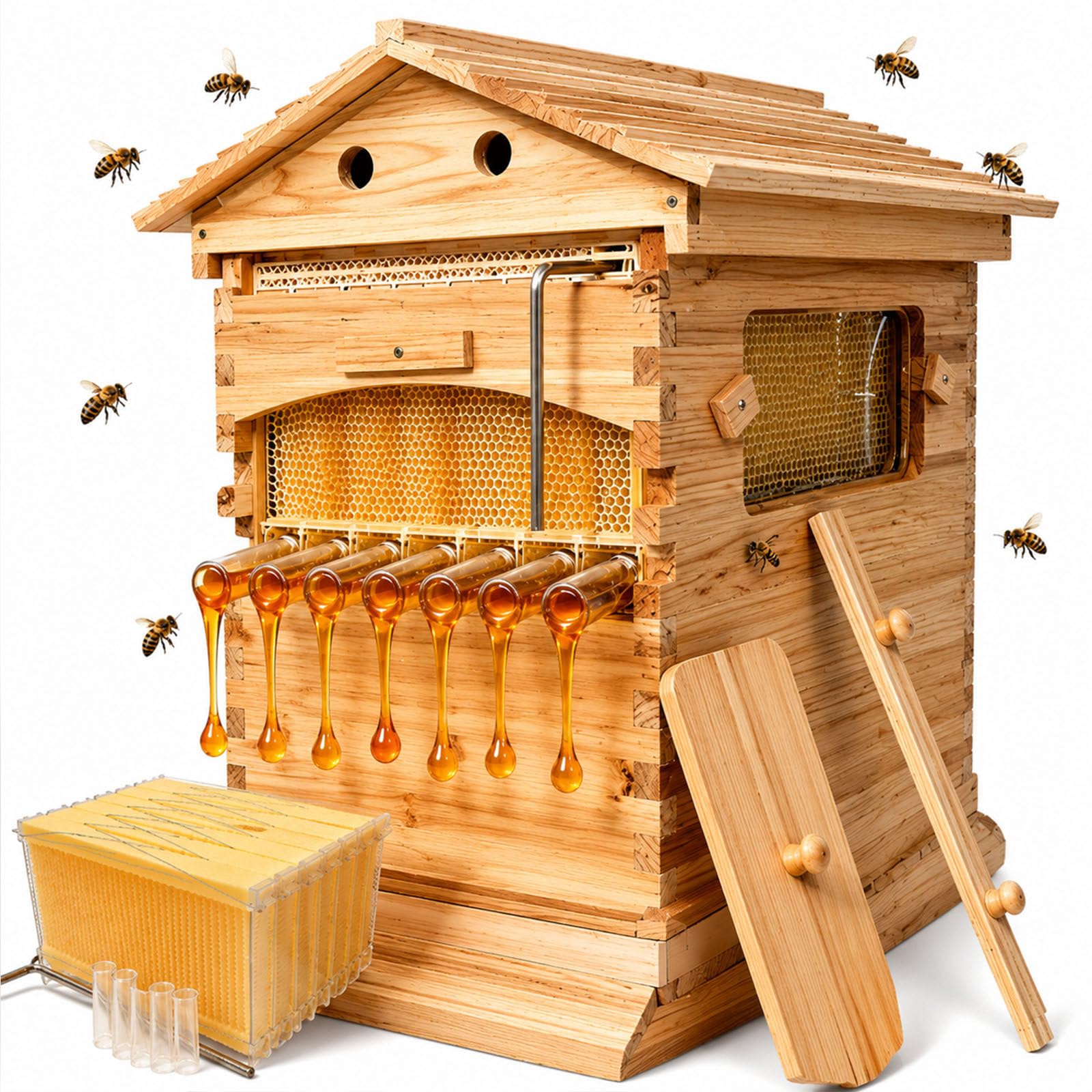 Selbstblühender Bienenstock,Honigbienenstock-Holzkasten-Bausätze 7spleens | Sichtfenster Und Gewachstes Tannenholz, Ernteschlüssel, Röhren, Königinnenabsperrgitter Für Gartenbienen