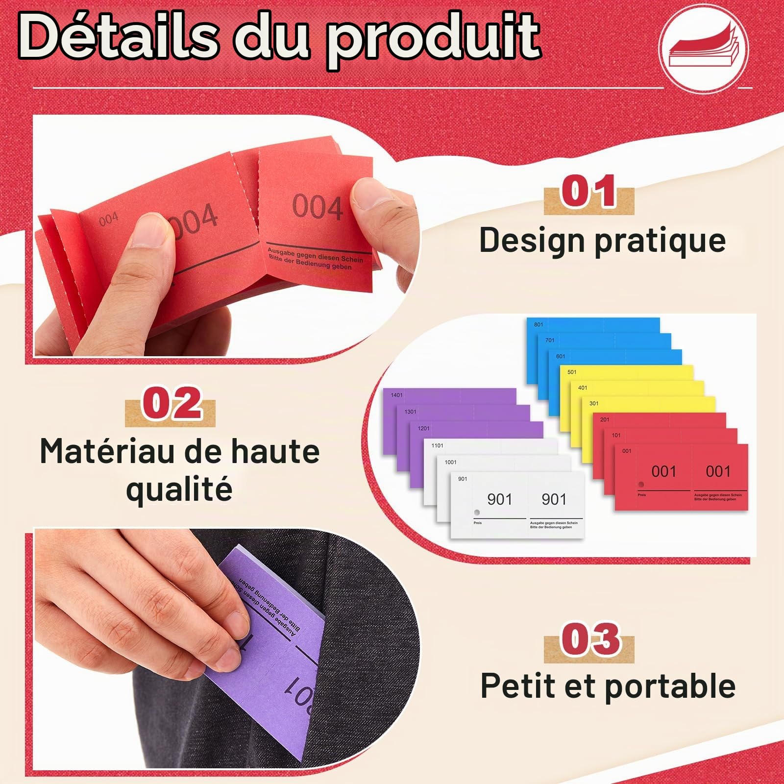 Nezyo 15 Carnets de Ticket Vestiaire Détachable 1-1500 Billet de Loterie Bloc de Reçu à Double Numéro Jeton de Buvette Passe-Partout Prédécoupé pour Fête Événement Exposition Salon Club(Classique)
