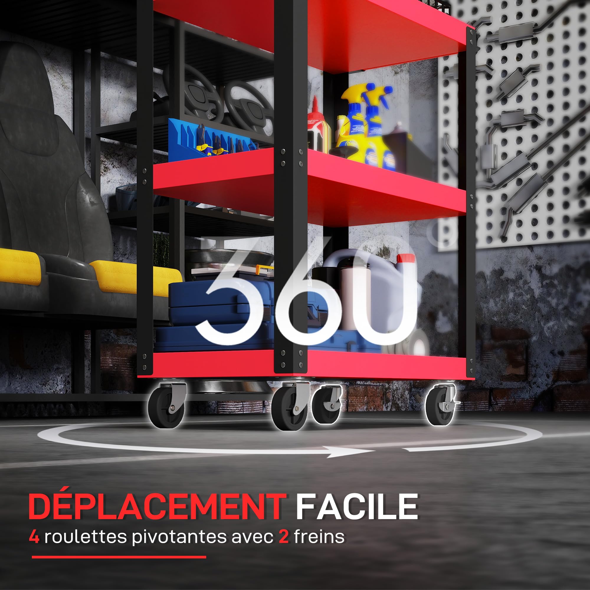 HOMCOM Chariot d'atelier servante Atelier Chariot à Outil à 3 Niveaux, poignée latérale et roulettes verrouillables, pour Garage, entrepôt, Outils de Bricolage, Charge 120 Kg, 70,5x35x82,5cm, Rouge