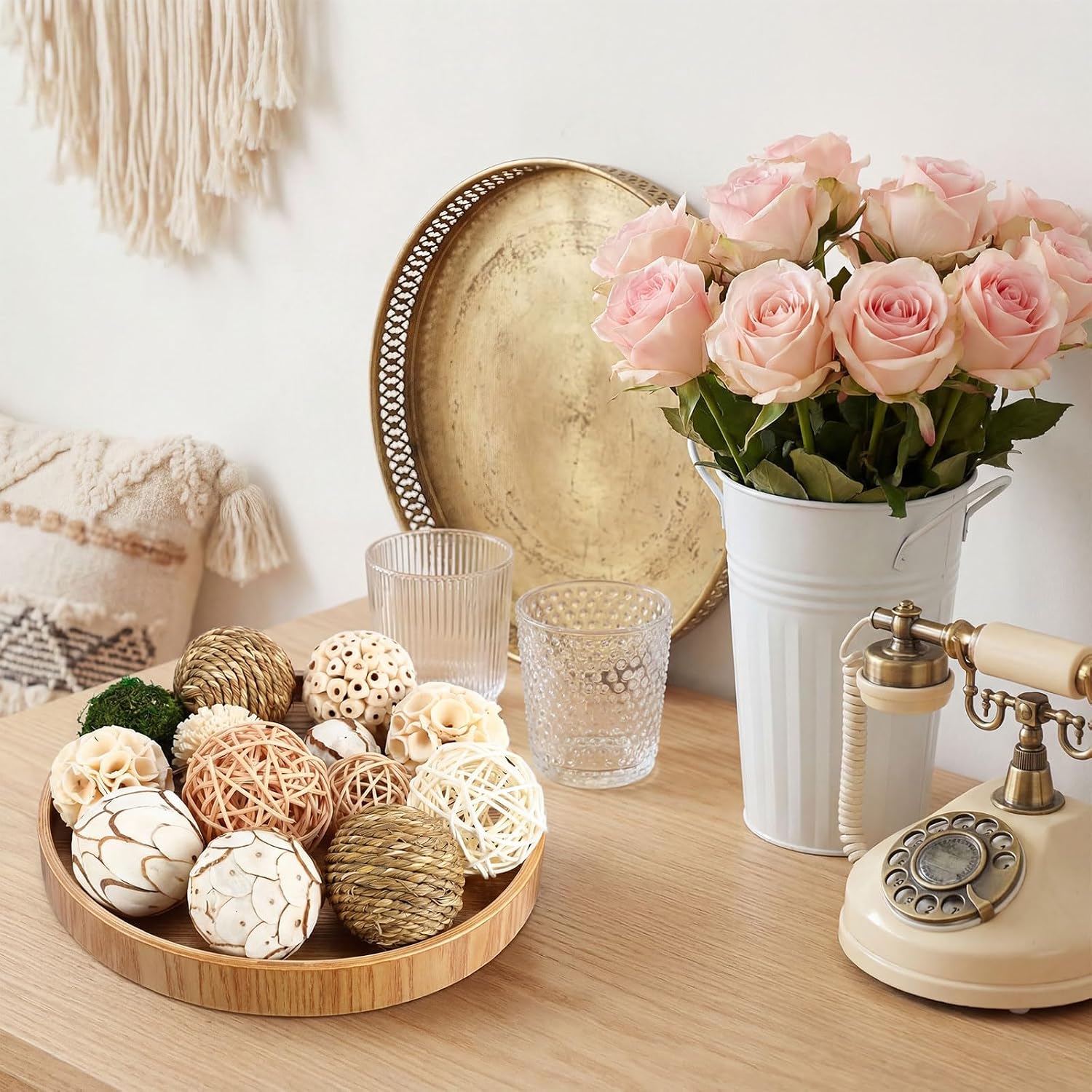 Yunsailing 36 Pcs Moss Decorative Balls for Centerpiece Bowls and Rattan Wicker Balls Handmade Orbs Spherical Assorted Vase Filler Tabletop Decor for Garden Wedding Party (Boho,Boho Colors)