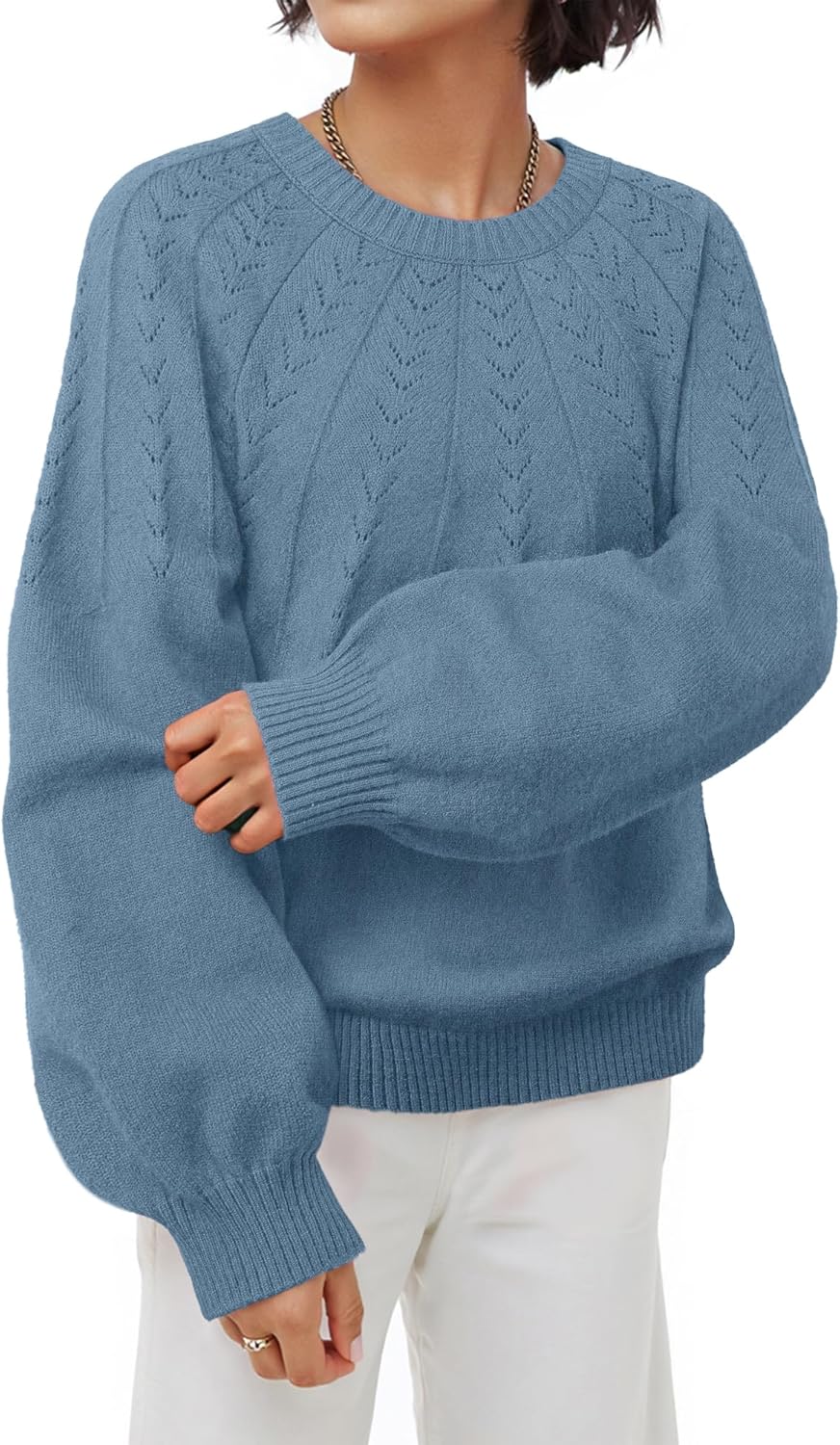 VALOLIA Womens Pullover Sweaters 2025 Long Sleeve Crewneck Casual Loose Pleated Knit Tops - Image 4