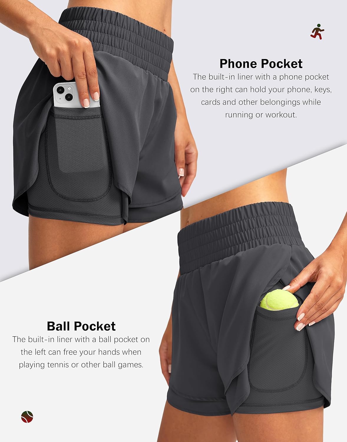 Soothfeel Women's 2 in 1 Running Shorts High Waisted Athletic Shorts Exercise Gym Workout Shorts for Women with Pockets - Image 4