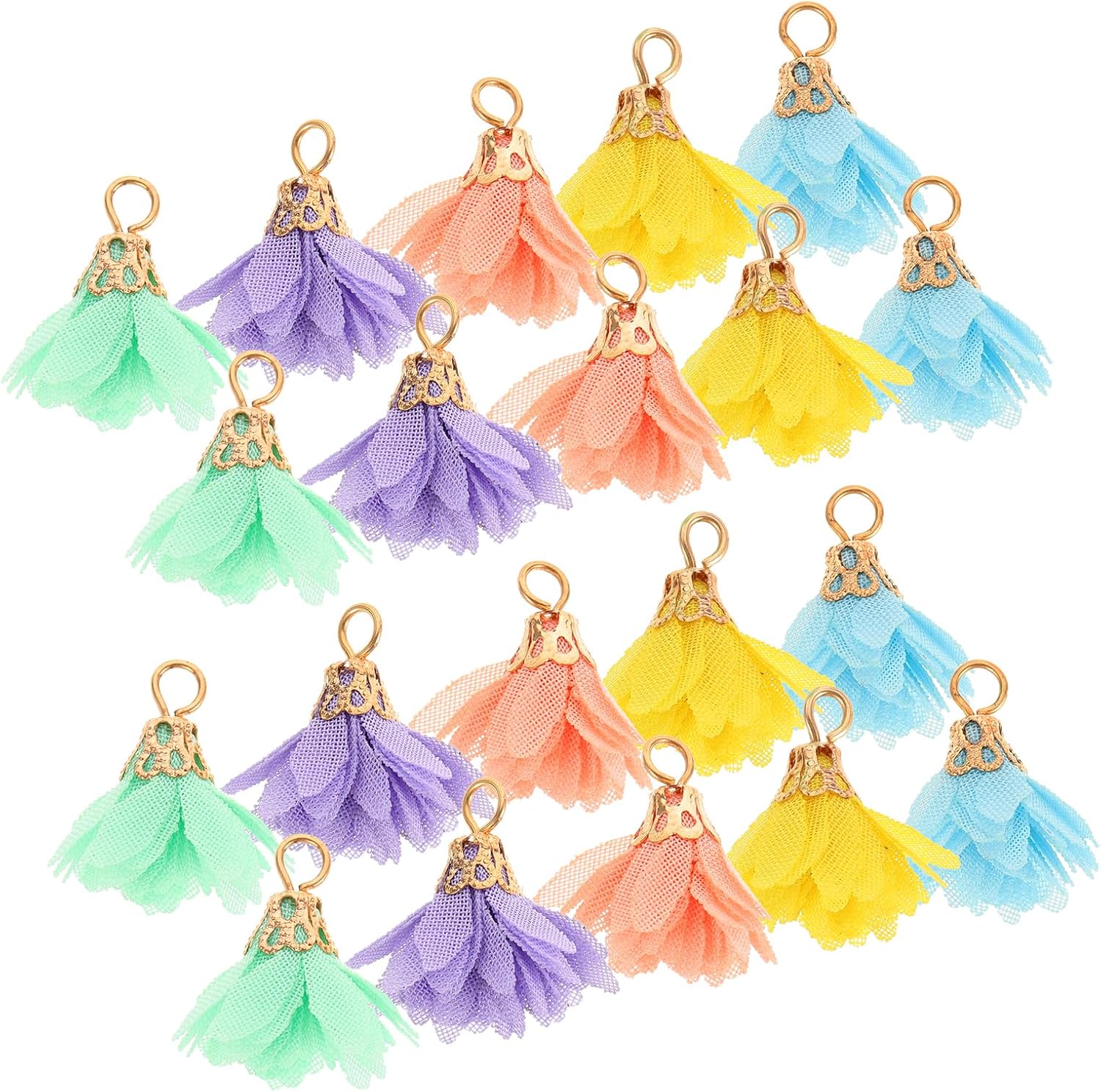 VILLCASE Mini Flower Tassel Charms 0.7 Inch Fabric Pendants for Diy Jewelry Making Floral Petal Decorations for Earrings Keychains and Crafts