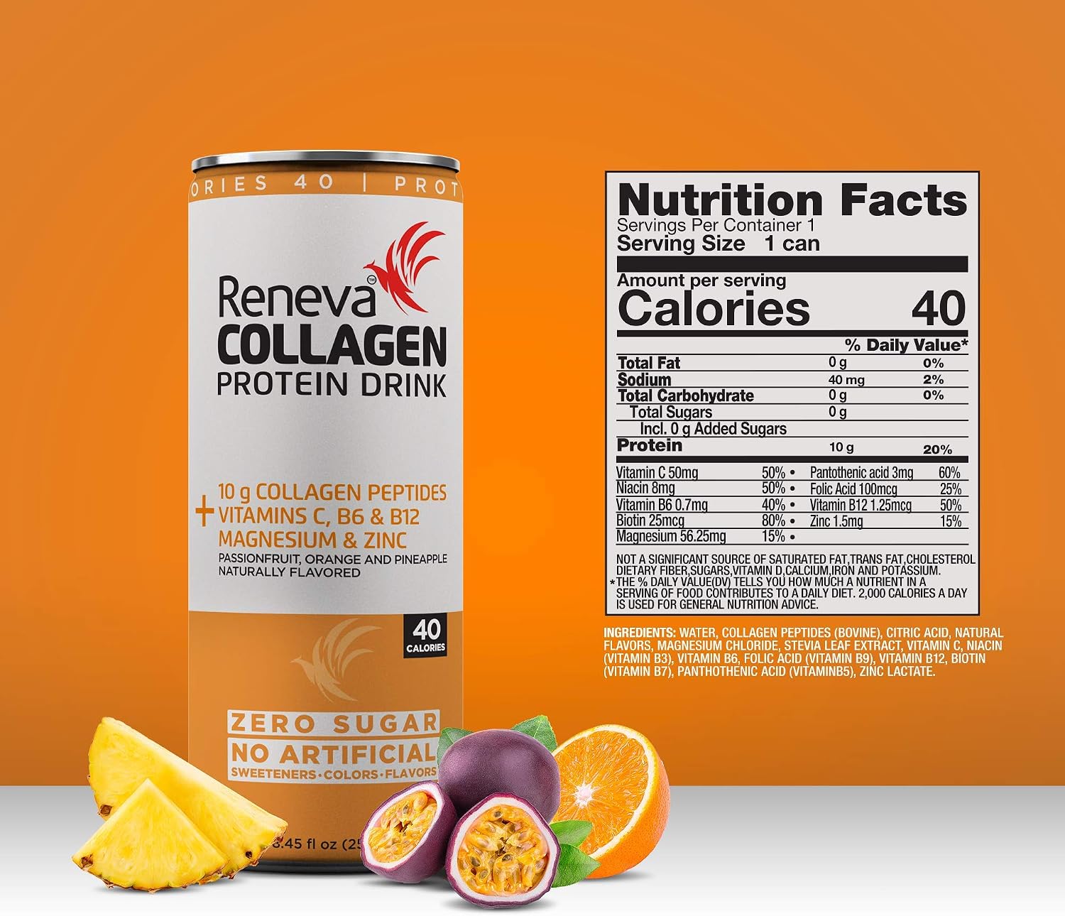 RENEVA Collagen Protein Drink - 10g Collagen Peptides, Electrolytes, B-Vitamins, Zinc, and Zero Sugar (Passionfruit Orange Pineapple)