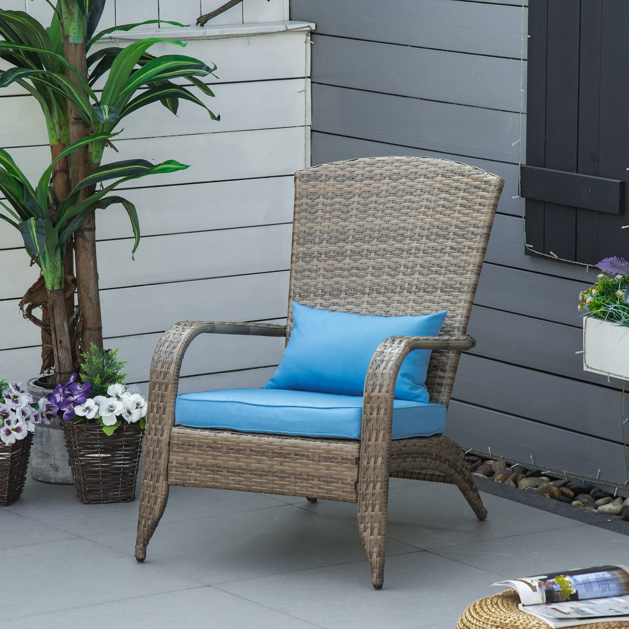 Outsunny Sedia da Giardino Adironrack con Braccioli e Cuscini, Sedia in Rattan e Acciaio per Interni ed Esterni, 64x80x90 cm, Marrone e Blu
