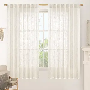 LAMIT Light Filtering Linen Curtains 63 inches Long for Bedroom, Linen Textured Semi Sheer Back Tab and Rod Pocket Boho Drapes for Living Room, Cream, 2 Panels, 60 x 63 Inch