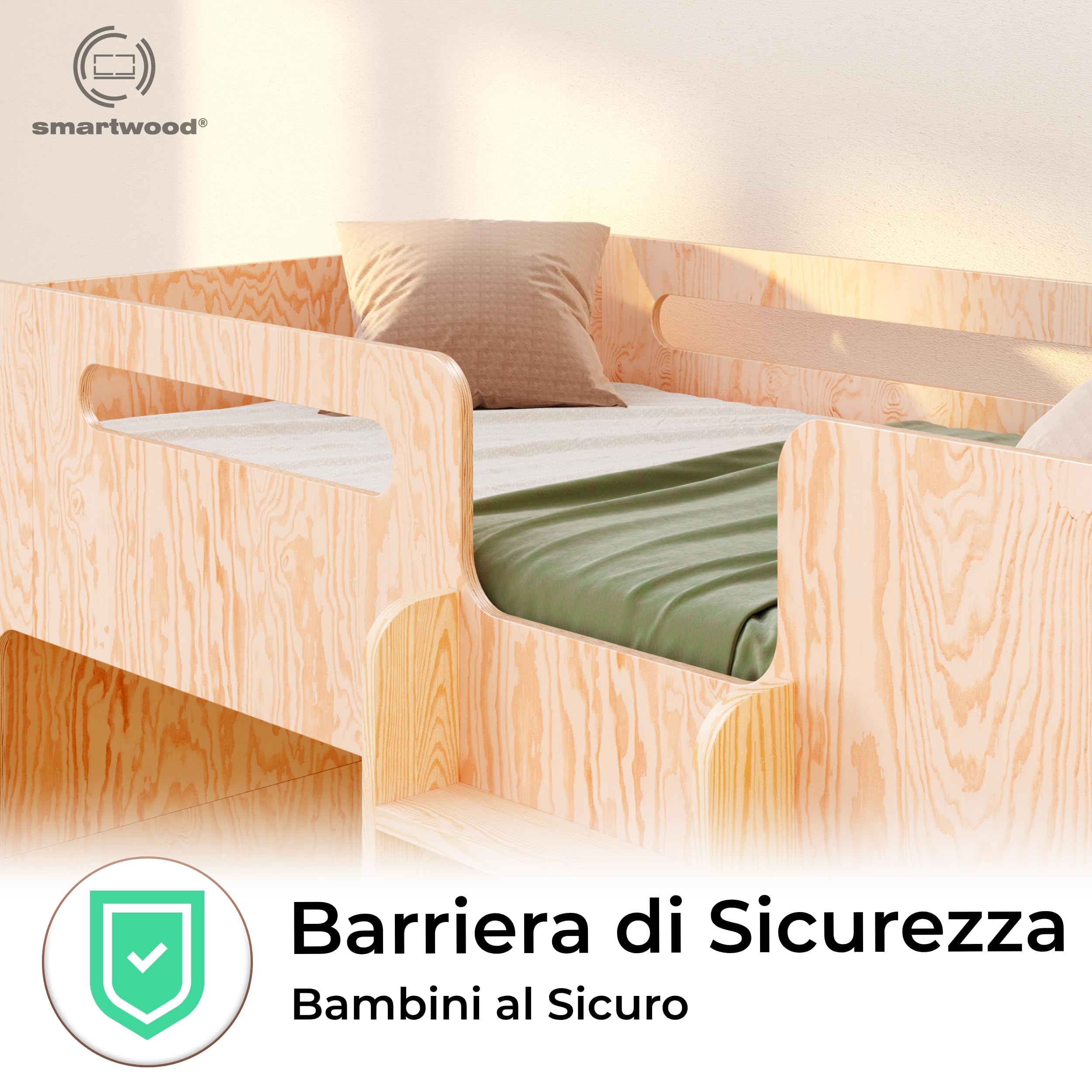 Letto a Castello 80x160 cm in Legno con Sponde di Sicurezza e Rete a Doghe - Supporta Fino a 230 kg - MIMI B