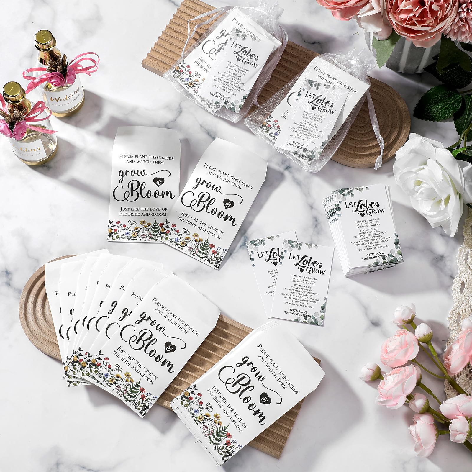 Ctosree Hochzeitsgeschenke für Gäste, 100 Stück, selbstklebend, Kraftpapier, Samenumschläge, 100 Stück, "Let Love Grow"-Karten, 100 Organza-Geschenktüten für Brautparty, stilvoll, 100 Stück