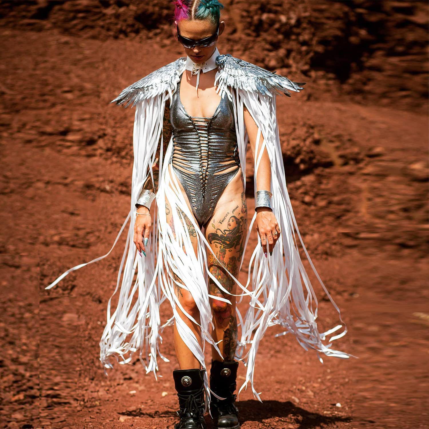Ypser Shoulder Pieces With Fringed Angel Wings Cape Shawl For Burning Men Halloween Cosplay, White, S-M - Image 3