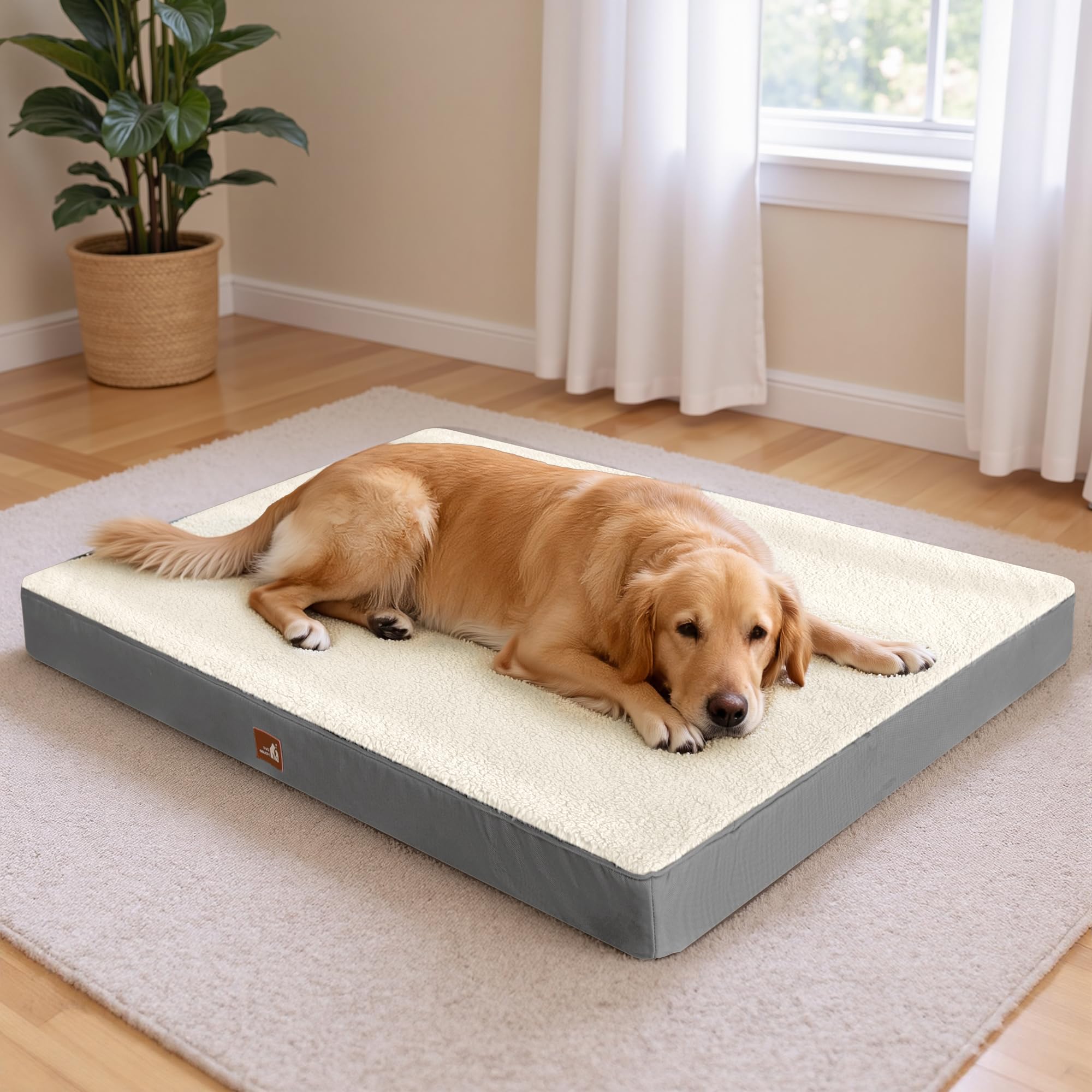 UPVILLA Extra Large Waterproof Dog Bed - Orthopedic Support & Egg Crate Foam Dogs Mat, Soft & Cozy Dog Crate Pad with Non-Slip Bottom & Machine Washable Cover, XL-C Pet Mat, Beige