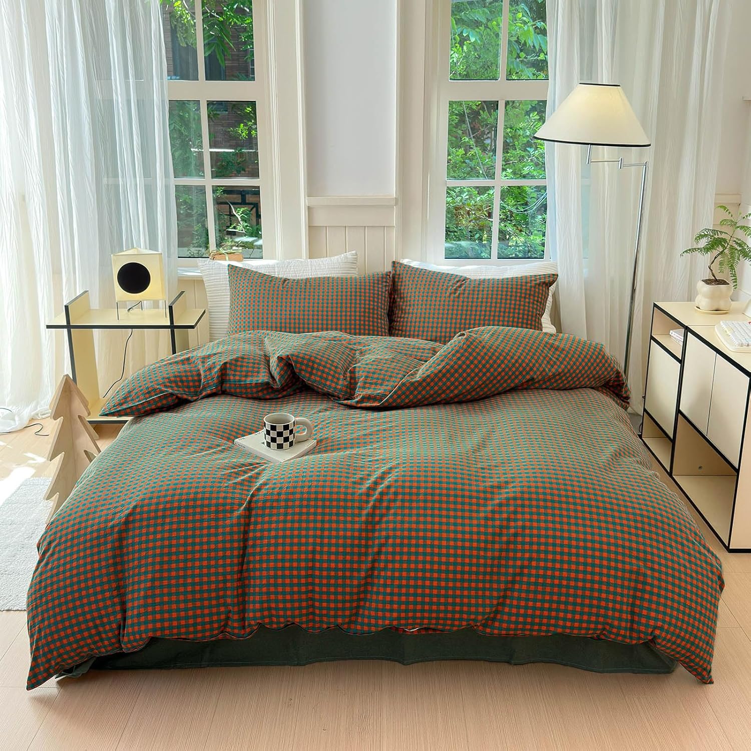 LifeTB Twin XL Comforter Set Orange Green Gingham Comforter with 2 Pillowcases Modern Style Grid Plaid Comforter Set Lightweight Soft Gingham Bedding Set Fluffy Checkered Comforter Twin XL