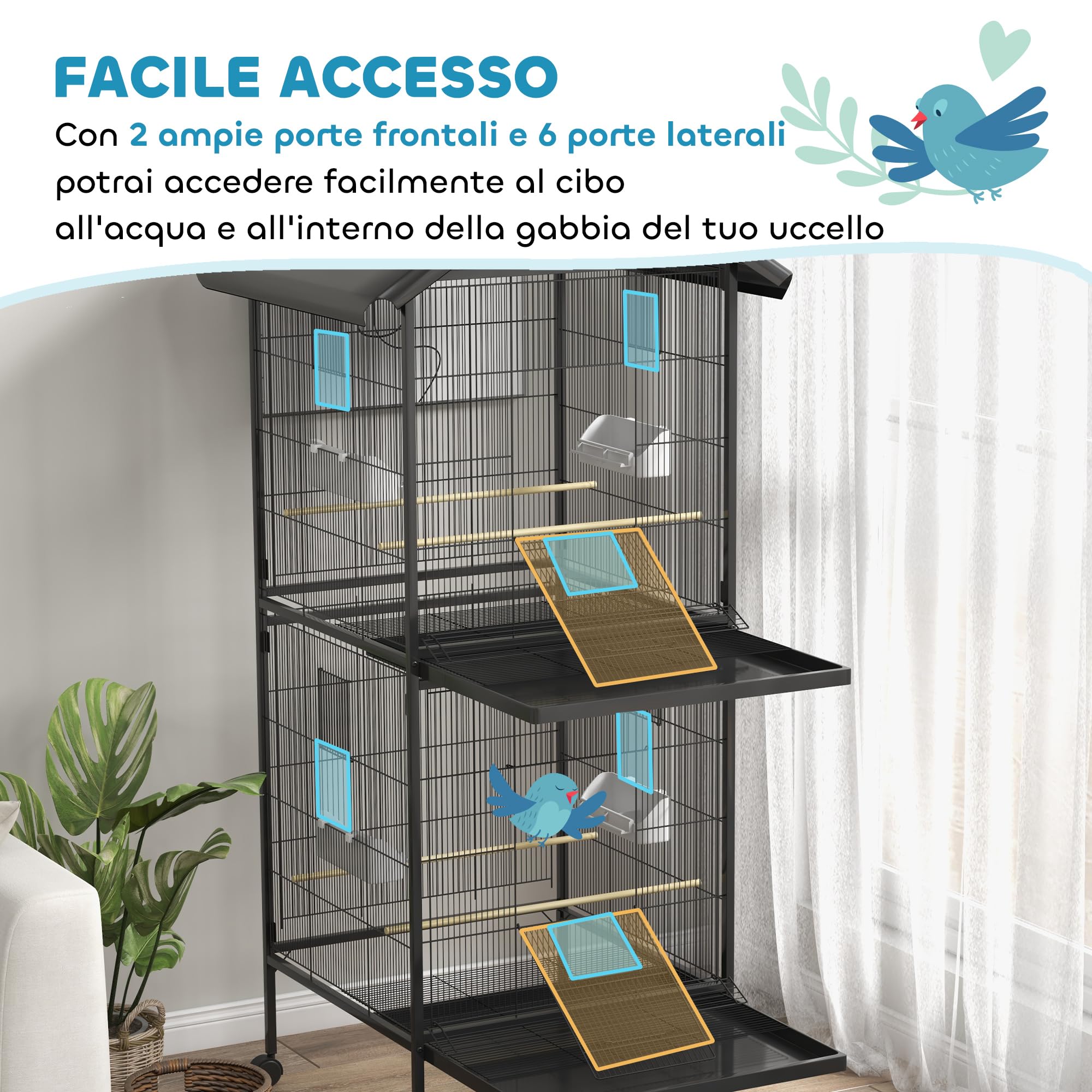 PawHut Voliera per Uccelli a Rotelle con Vassoi Estraibili in Plastica e Posatoi, Gabbia per Canarini in Metallo, 168 cm, Nero
