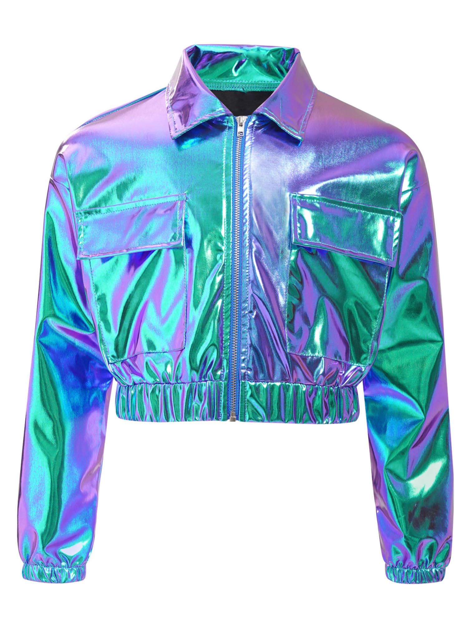 TiaoBug Mädchen Metallic Jacke Langarm Hemd Bluse Kurze Übergangsjacke mit Reisverschluss Modern Jazz Hip Hop Tanz 70er 80er Jahre Outfit