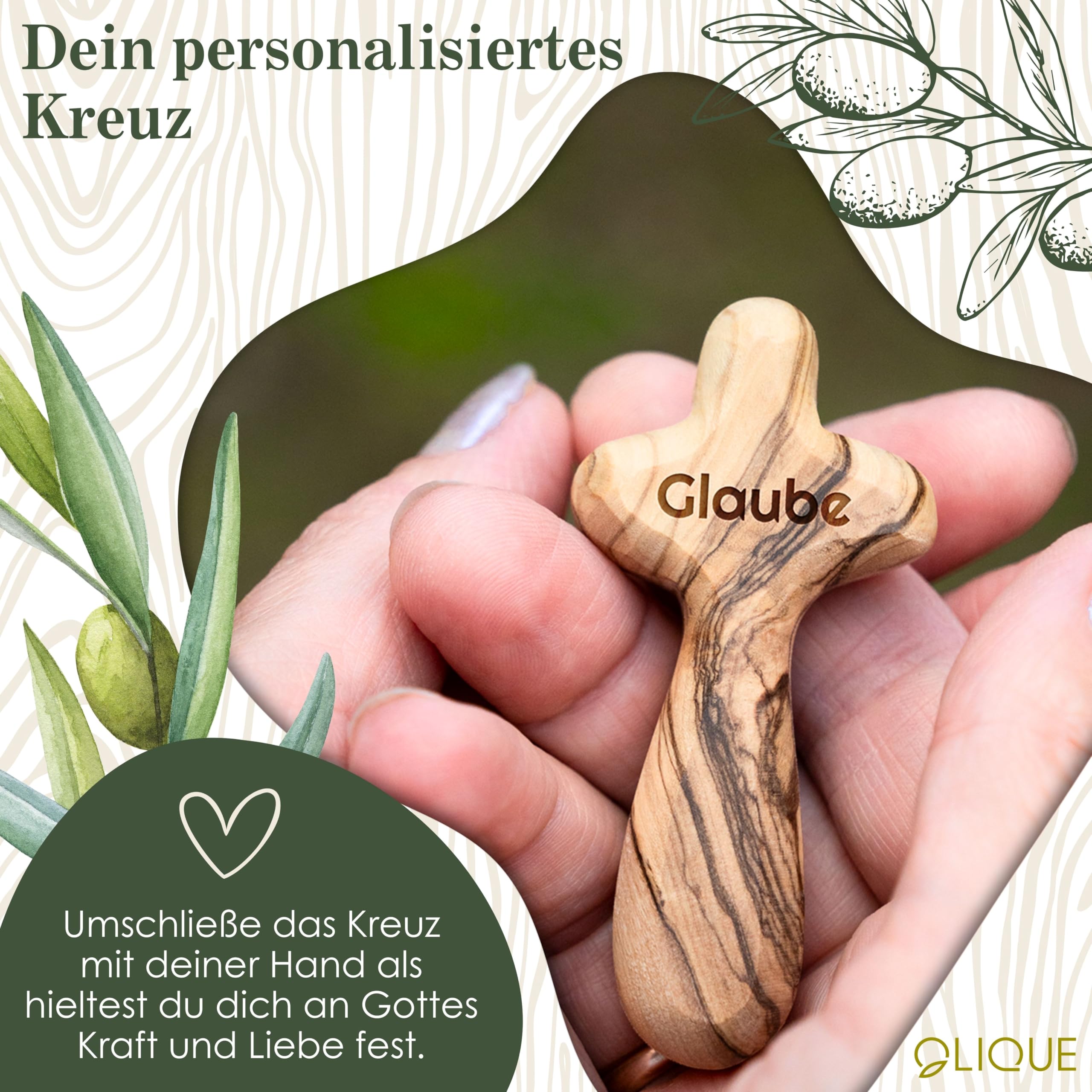 Croix en bois d'olivier - Bijou fait main en cadeau pour la naissance, le baptême, la communion et la confirmation (Avec gravure)
