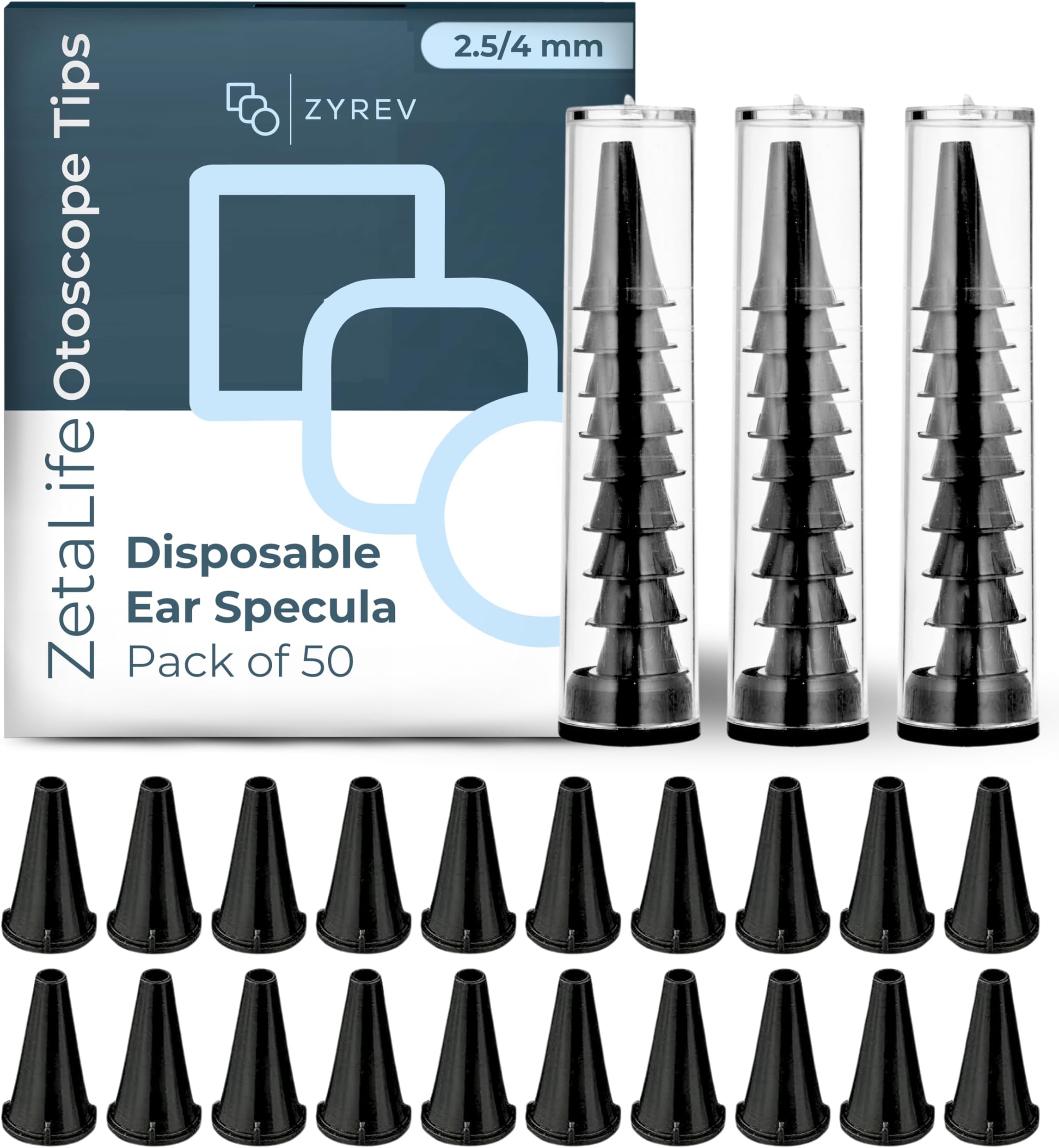 Zyrev ZetaLife Plastic Otoscope Case, Disposable Speculum Tips, Pack of 50 Disposable Sleeves 2.5/4mm
