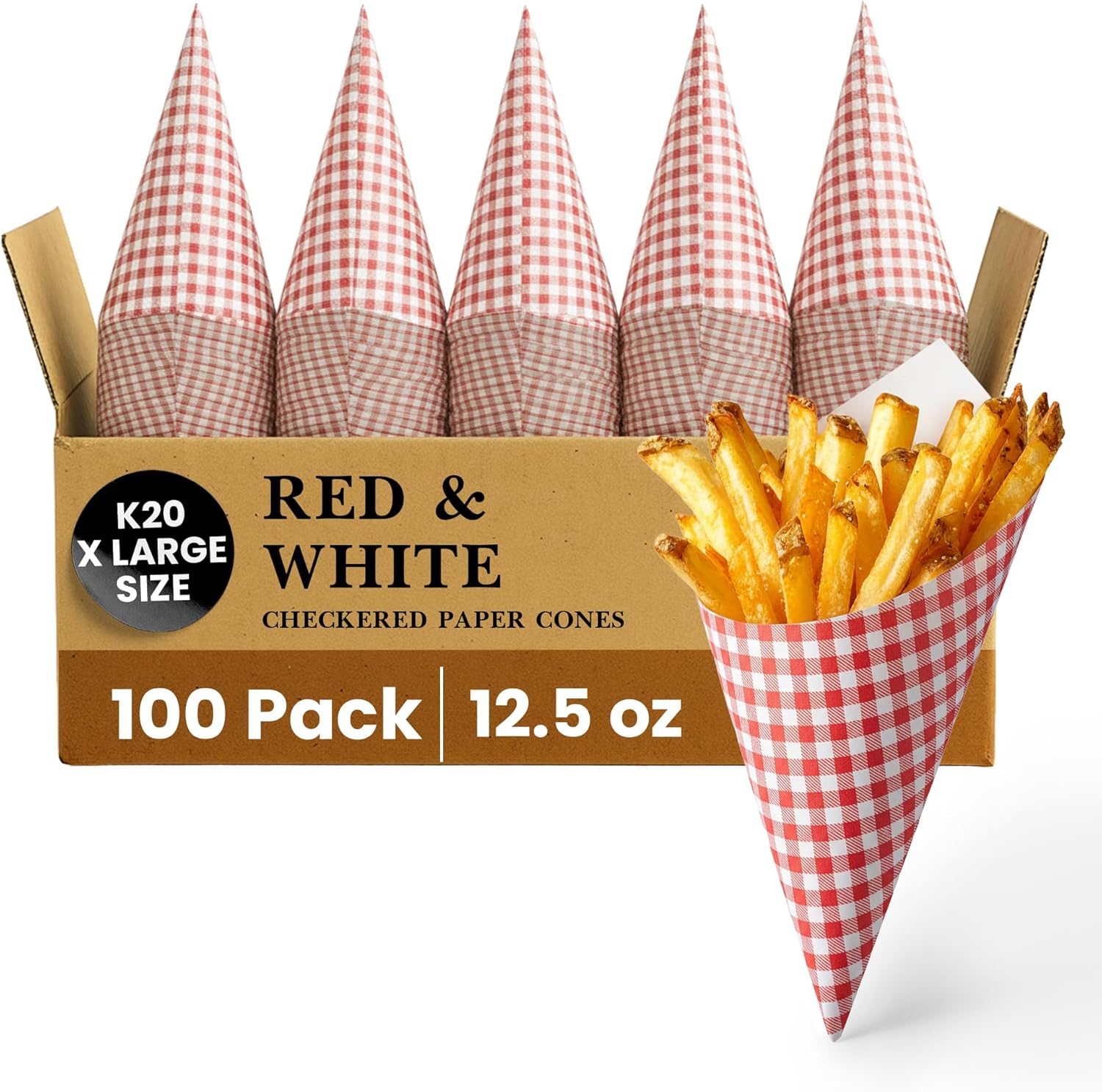 Friteshop Red & White Check Paper Cones K-20 X Large 12.5 oz - Disposable, Grease Absorbing - Full Portion French Fries Holder, Takeaway Food Packaging - Durable European Made Snack Holder - 100 Count