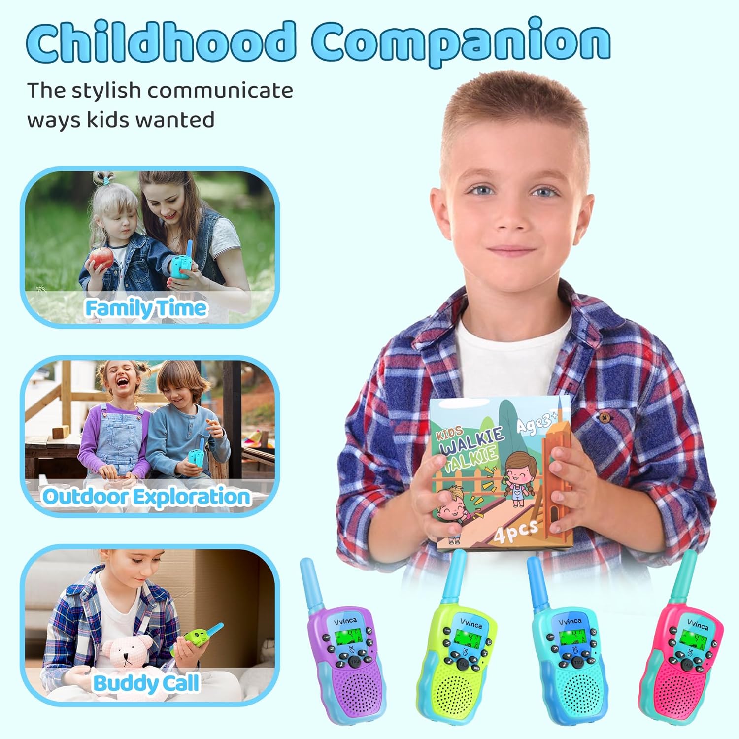 Vvinca Walkie Talkies for Kids Rechargeable 4 Pack, 3 Mile Walkie Talkie Long Range, Christmas Birthday Gift for Age 3-12 Boy Girl with Flashlight 22CH 2 Way Radio for Adventure Camping Outdoor Hiking - Image 8