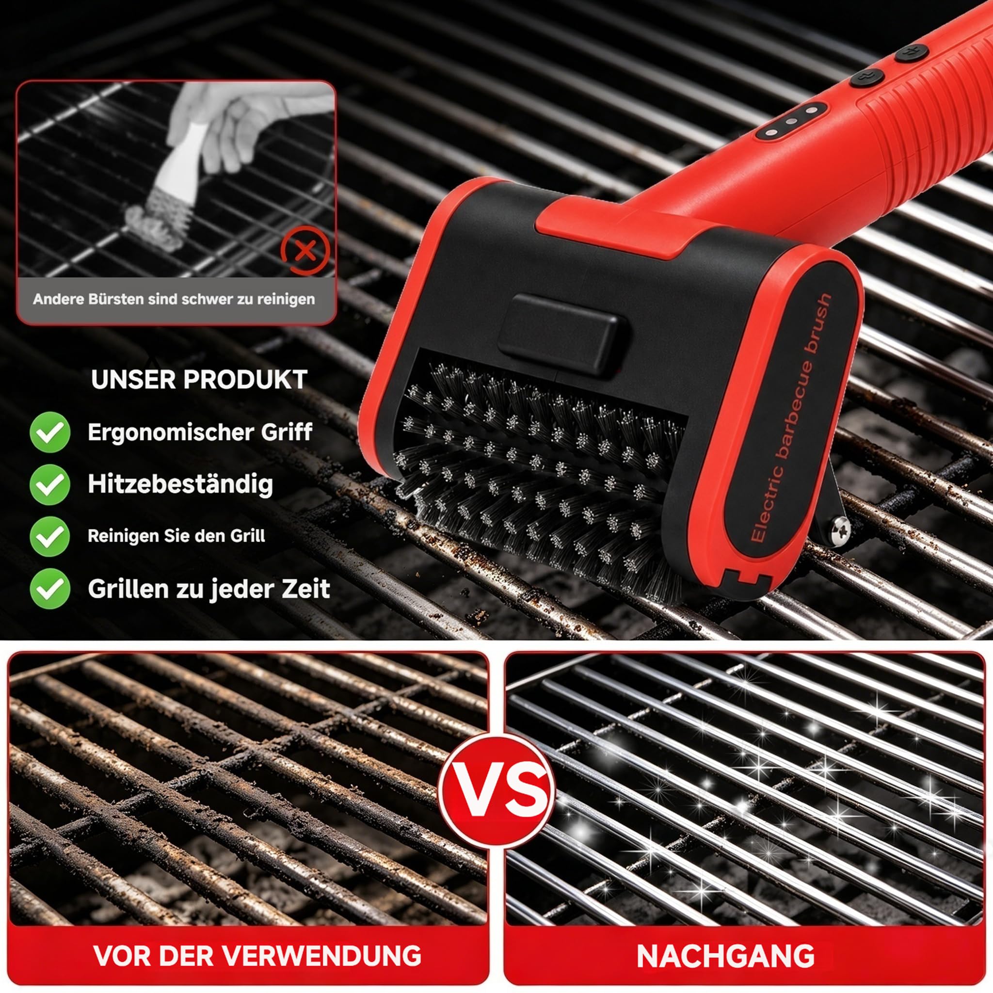 Grillbürste, Grill Reinigungsbürste mit Edelstahlborsten, Grillrost Reiniger für Gasgrill, Holzkohlegrill, Kugelgrill, Edelstahl- und Gusseisenrost