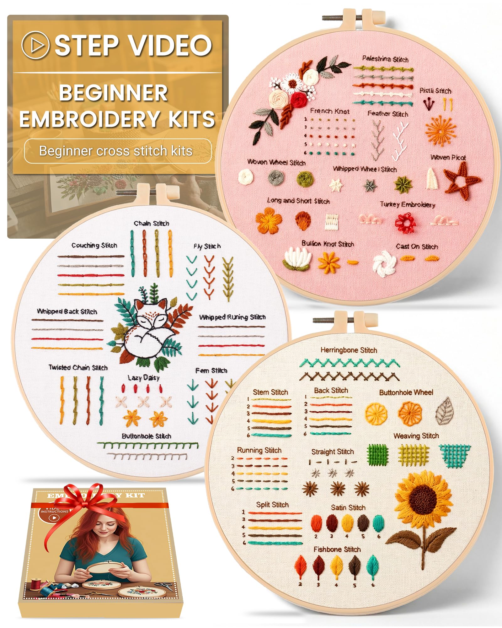 Hi-YomiLaugh Paquete de 3 kits de bordado para principiantes y kits de punto de cruz para adultos, kit de inicio preestampado floral con aro, hilos, agujas y herramientas (jardín floral)