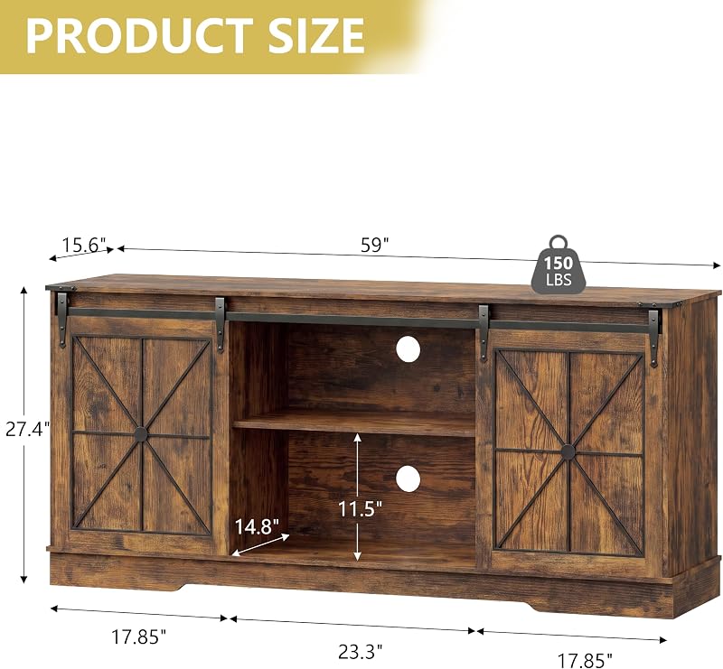 Farmhouse TV Stand for 65/60/55 Inch Tvs, Rustic Entertainment Center with Storage Cabinets & Sliding Barn Doors, Modern Media Console Table, Wood Television Furniture for Living Room, Bedroom, Brown image 7