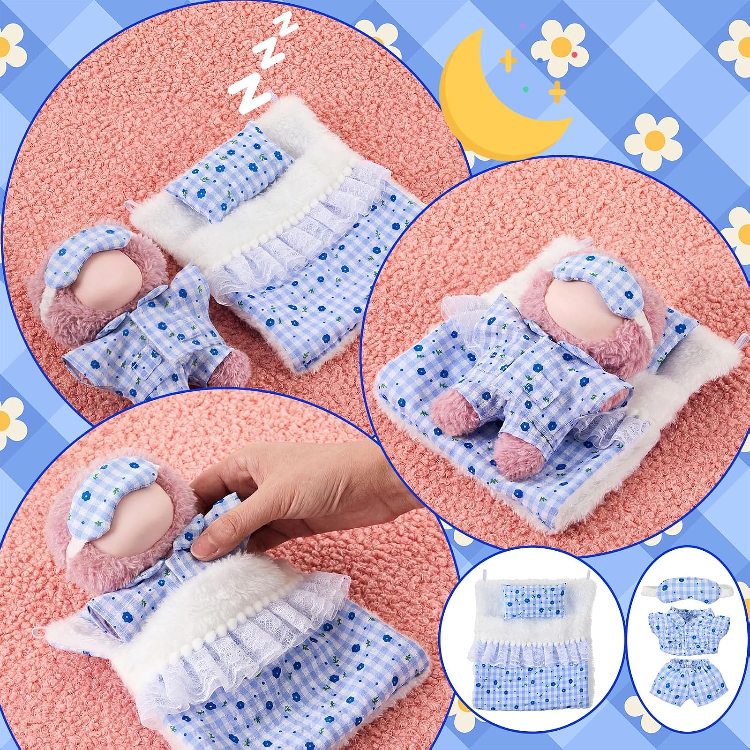 Simgoing 6 Pcs 17cm Doll Pajamas and Bedding Set Cute Pajamas Outfit with Eye Mask Bed Kit with Pillow Mattress Blanket for 17cm Doll Sleeping Set Dollhouse Accessories(Blue Floral Plaid) image 3