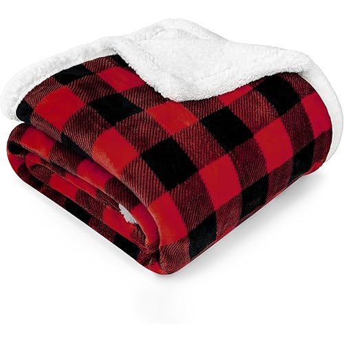 PAVILIA Black and Red Buffalo Plaid Sherpa Throw Blanket for Couch, Plush Red Black Checkered Fleece Blanket and Throws, Soft Fuzzy Flannel Blanket for Sofa Bed, Warm Cozy Winter Blanket Gift, 50x60