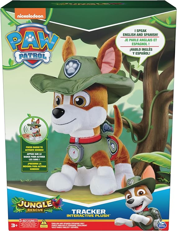 Paw Patrol Talking Tracker 12-Inch Tall Interactive Plush Toy with Music, Sounds and Bilingual Phrases Stuffed Animals, Kids Toys for Ages 3 and up