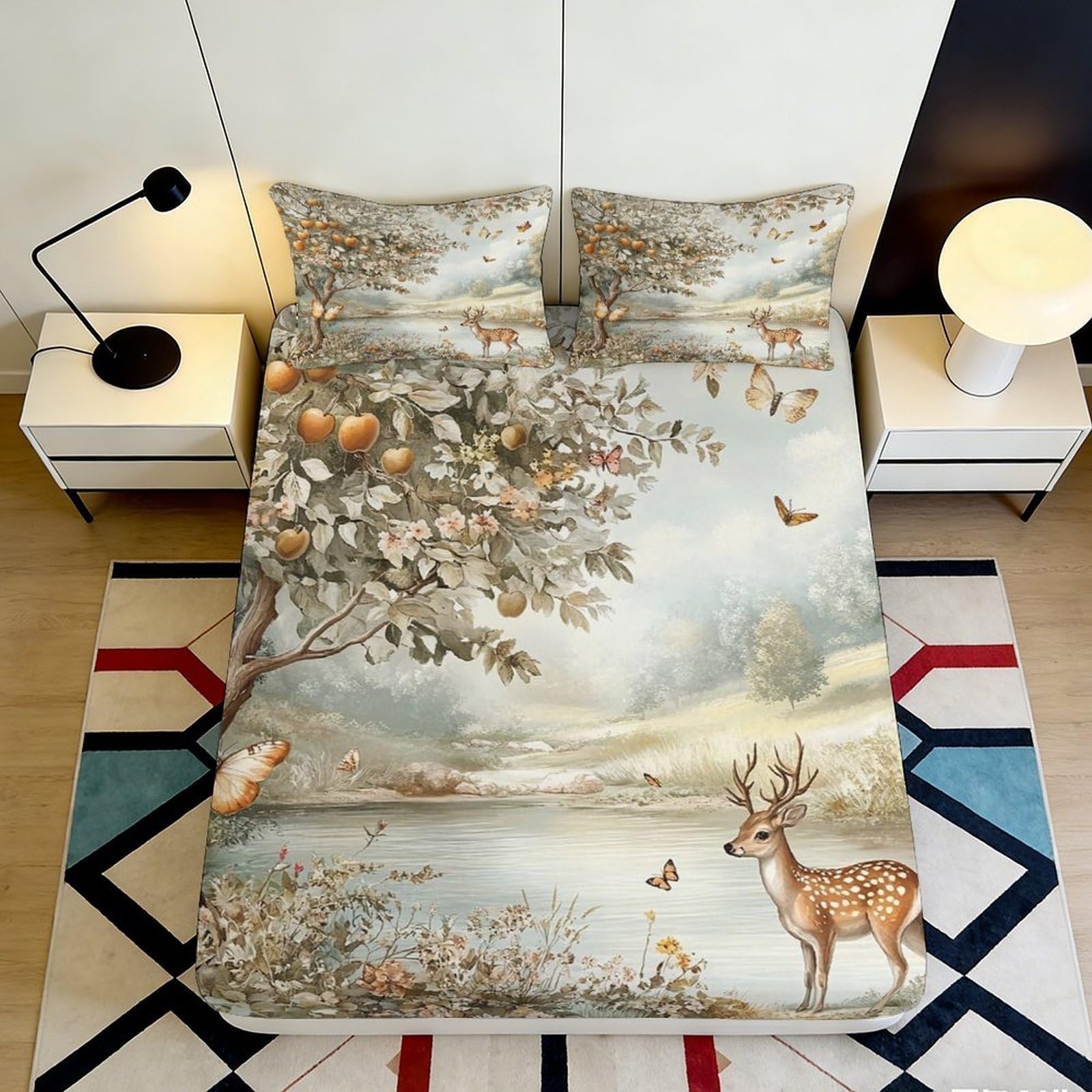 3D Printed Forest Deer Fitted Sheet Microfiber Soft Autumn Landscape Mattress Cover for Bedroom Guest Room Decor 90x200x25cm