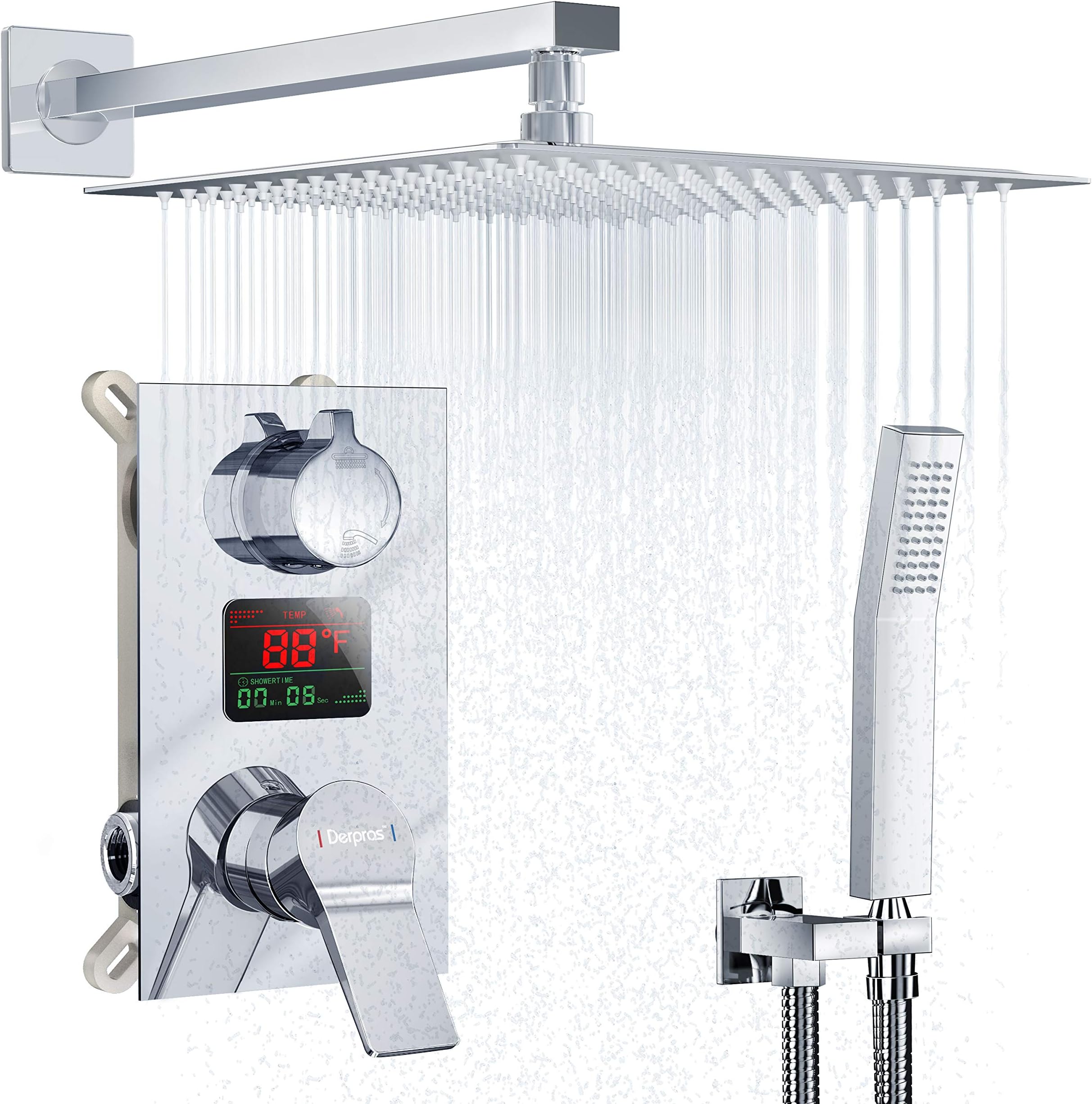 Luxury Shower Faucet Set with Temperature Display, Bathroom Digital Shower System with 12” Rain Shower Head, Chrome Finish