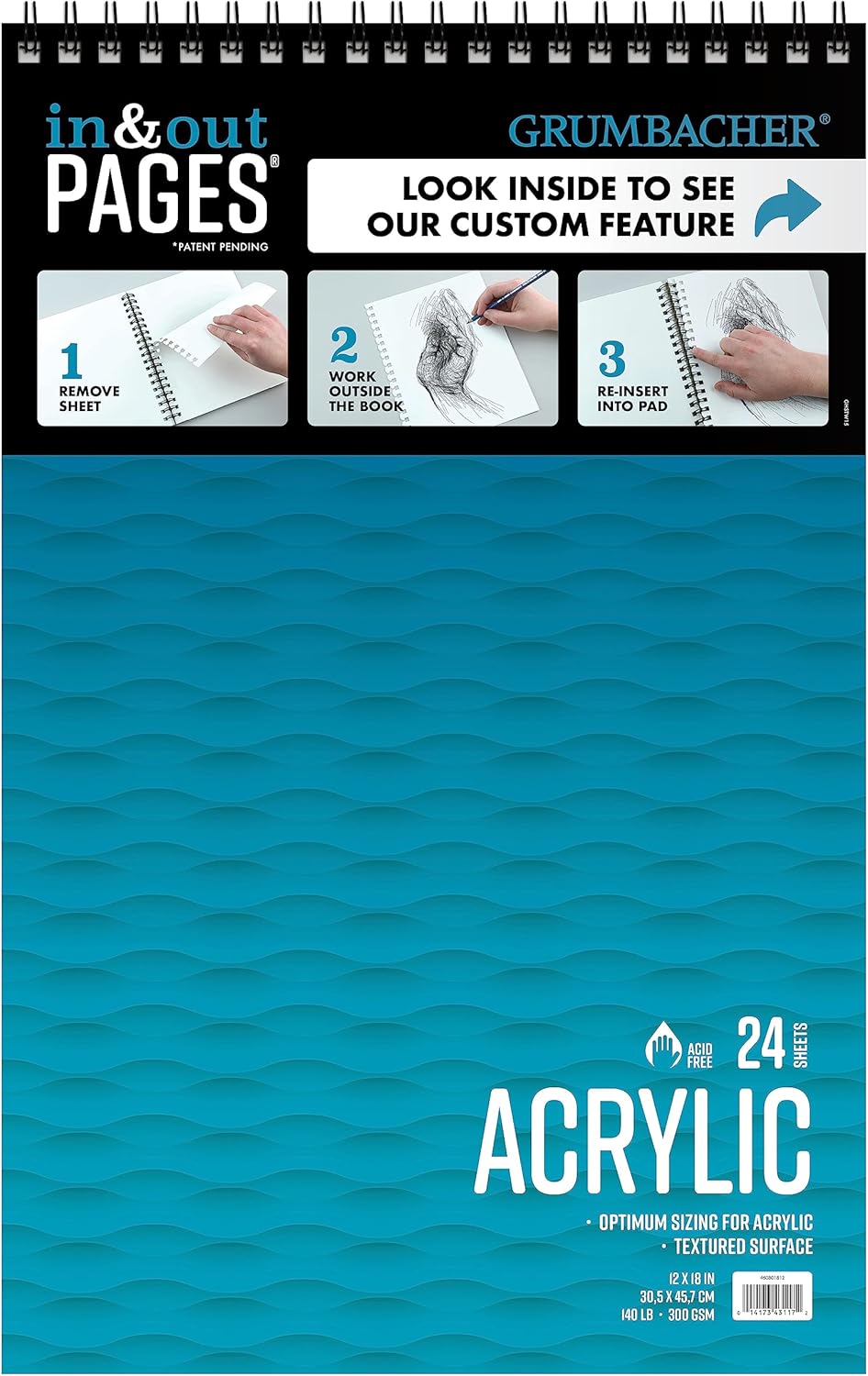Grumbacher 12" x 18" Acrylic Paper Pad with in & Out Pages, 140 lb./300 GSM, Top Wired, 24 White Sheets (Pack of 1 Pad)