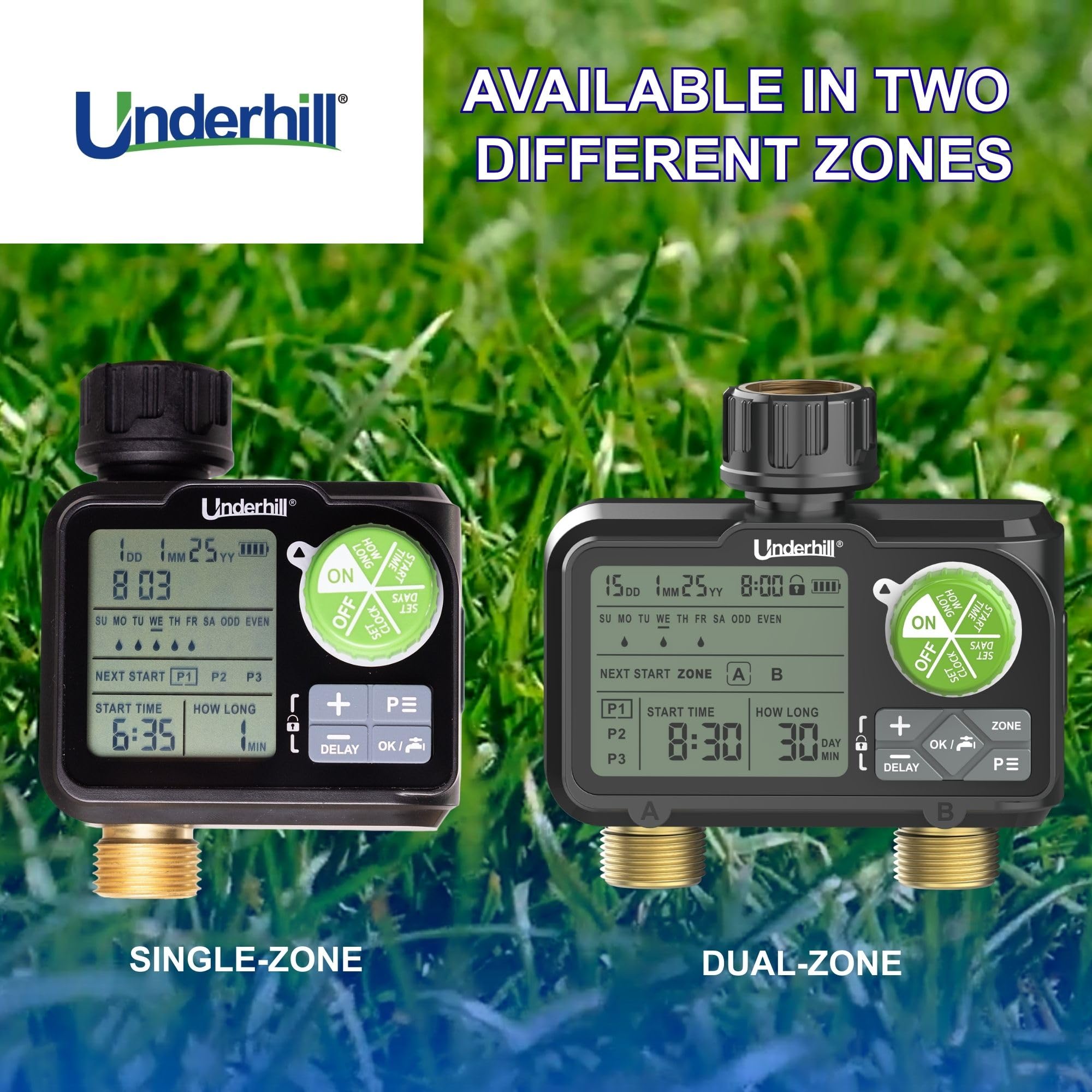Underhill Aquavision - Timer digitale per irrigazione a zona singola o doppia, timer per irrigazione rubinetto esterno facile (timer digitale a doppia zona)