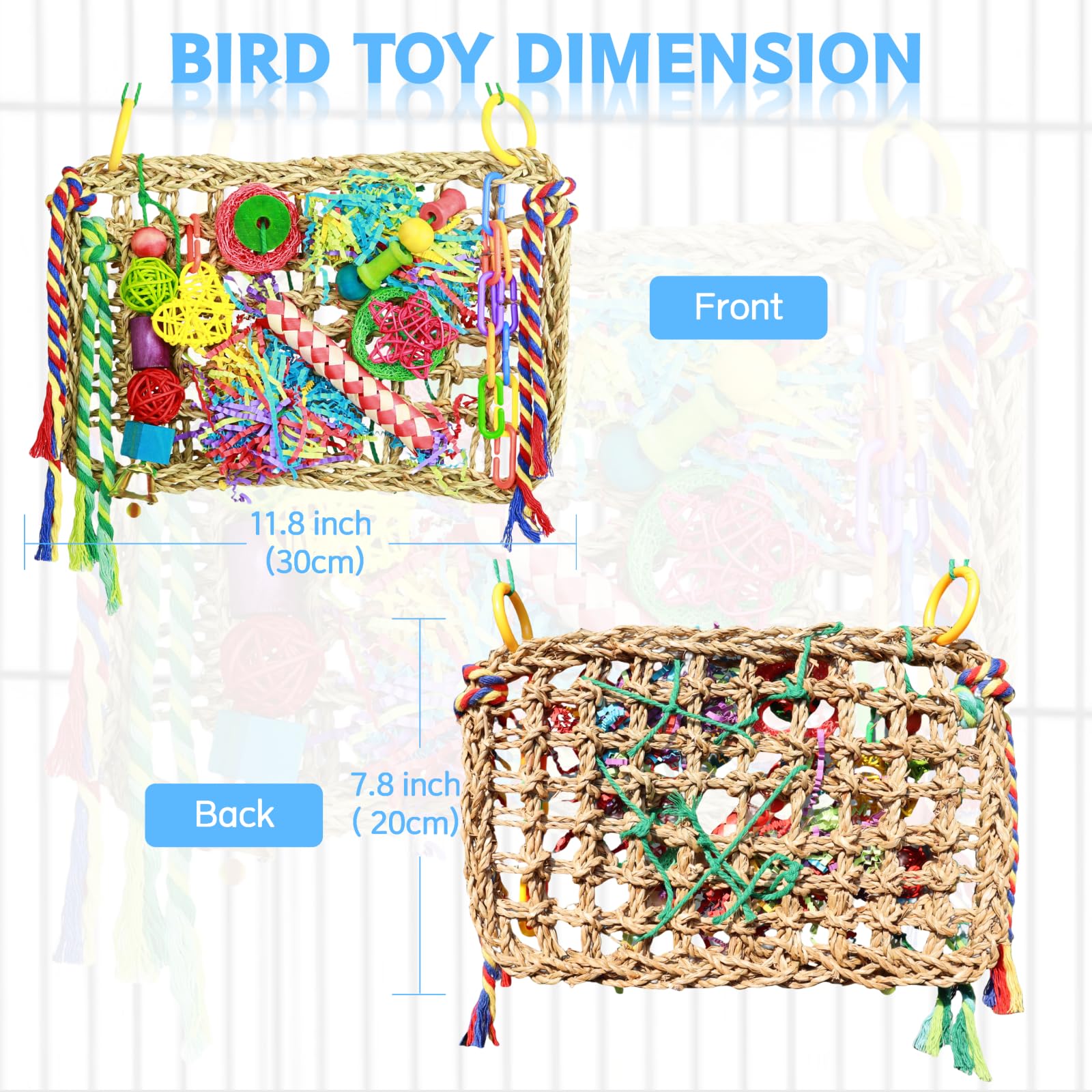 COHYVER Bird Toys, Large Size Parrot Toy, Parakeet Toys for Bird Foraging Conure Hammock Swing,Grass Mat with Colorful and Various Chew Toys for Climb, Shredder, for Cockatiel, Lovebird(Large)