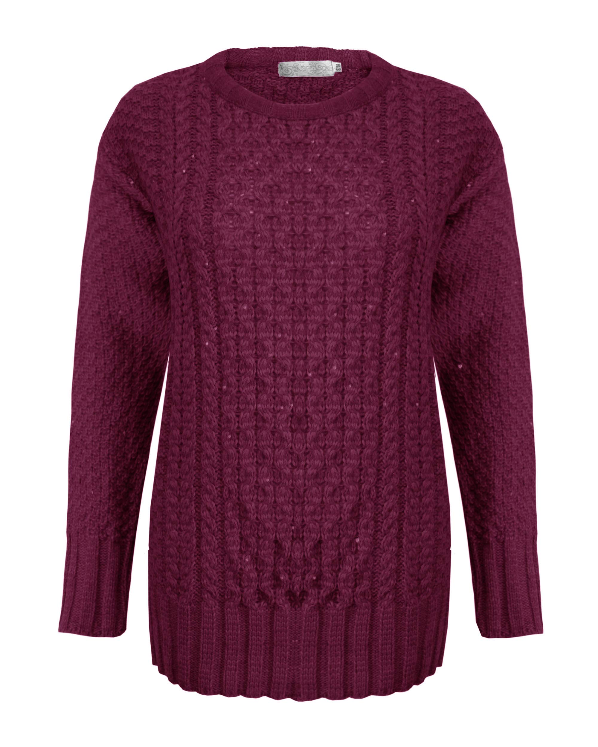 New Ladies Women Diamond Cable Knit Long Sleeve Knitted Crew Neck Jumper Sweater Pullover Top 8-30[Wine,SM]
