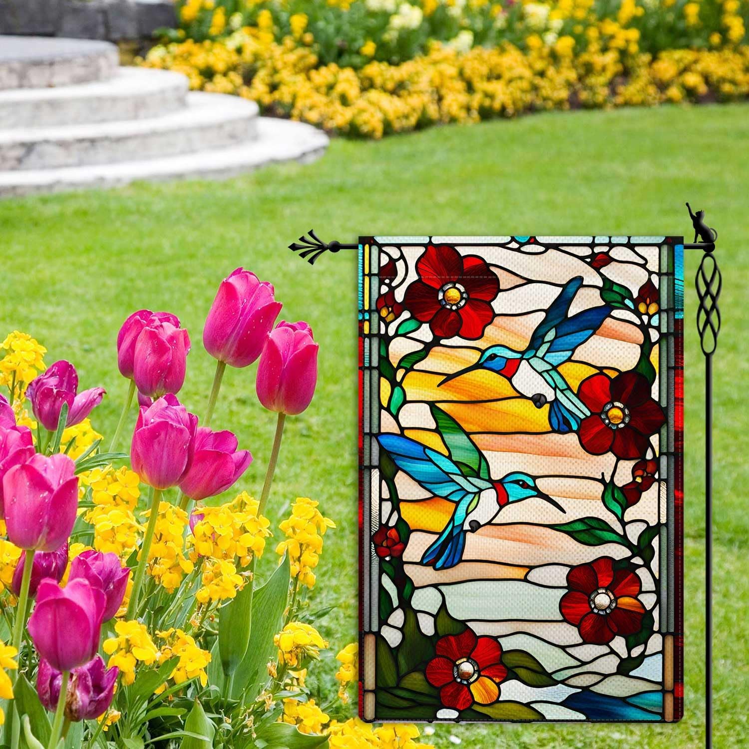 Spring Summer Hummingbird Garden Flag Glass Style Vertical Double Sided Rustic Farmland Burlap Yard Lawn Outdoor Decor 12.5x18" - Image 2