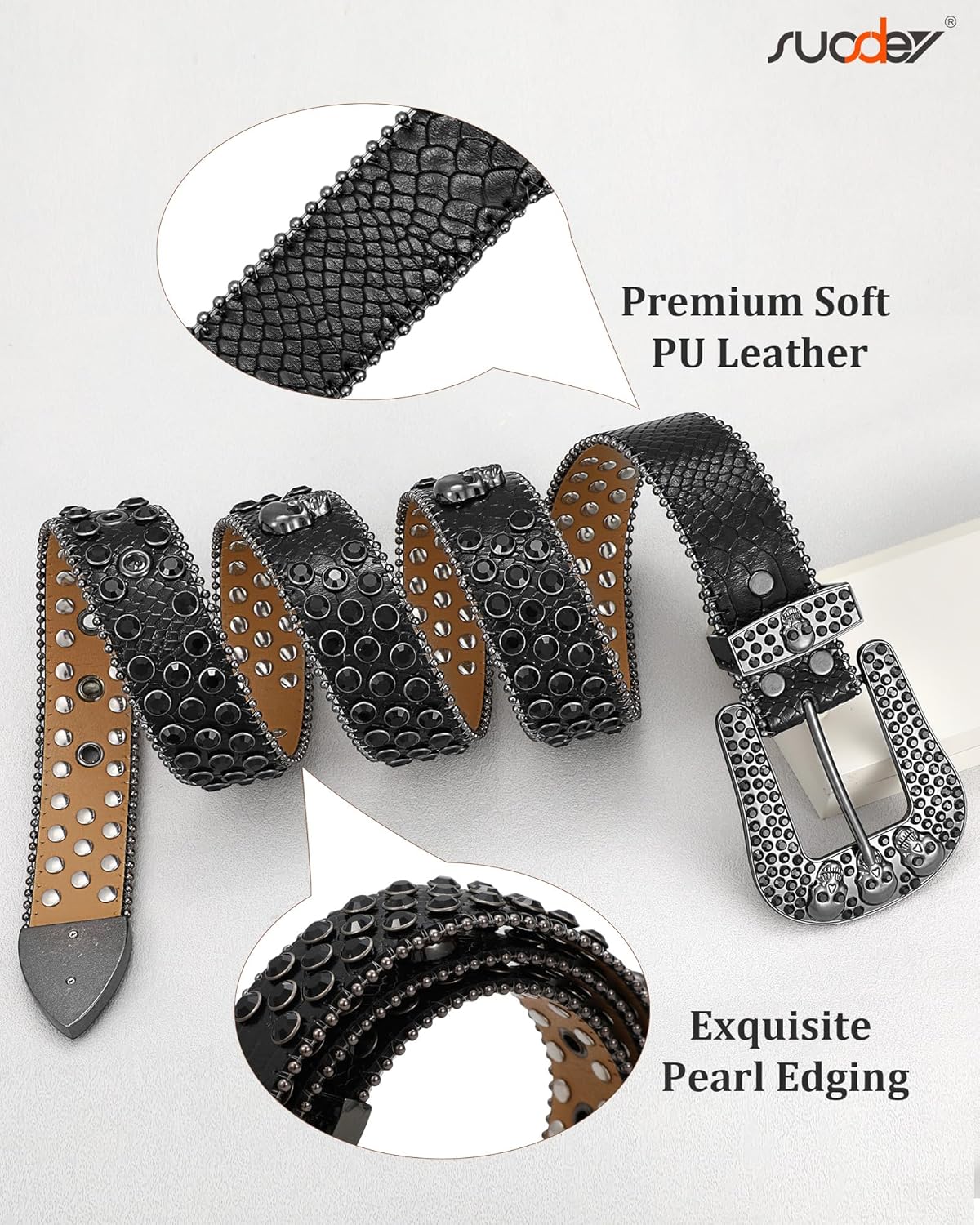 SUOSDEY Rhinestone Skull Belt Men Women Bling Stylish Belt Punk Fashion Studded Leather Belt for Jeans Pants Jacket - Image 2