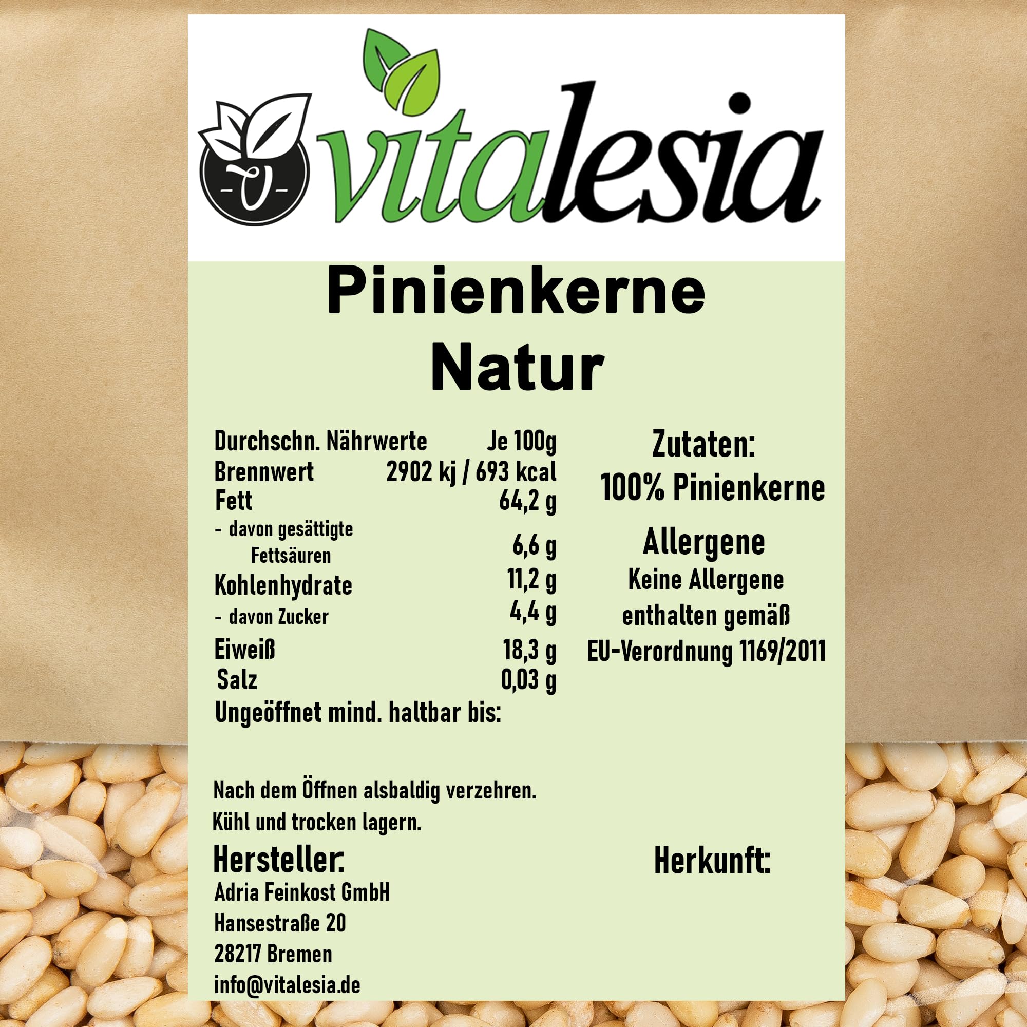 Vitalesia Pinienkerne naturbelassen 250g | Premium Qualität | ungeröstet & ungesalzen | geschält | ohne Zusätze | roh | mild-nussig | glutenfrei | vegan