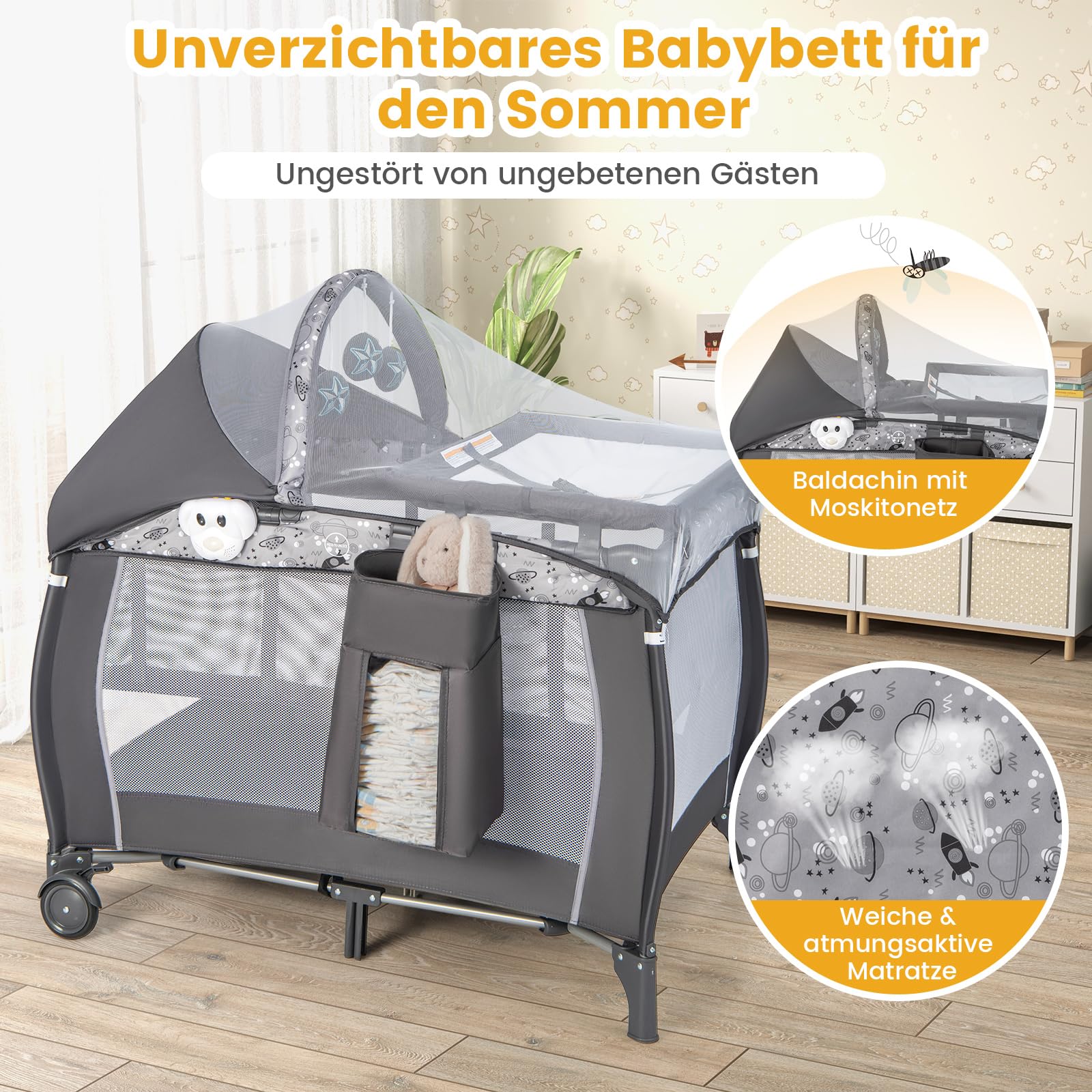 COSTWAY 4 in 1 Beistellbett, tragbares Reisebett mit faltbaren Matratze, Babybett mit Wickeltisch, Baldachin, Spielbogen & Spieluhr, Stubenwagen mit Rollen, Tragetasche für Baby bis 36 Monaten (Grau)