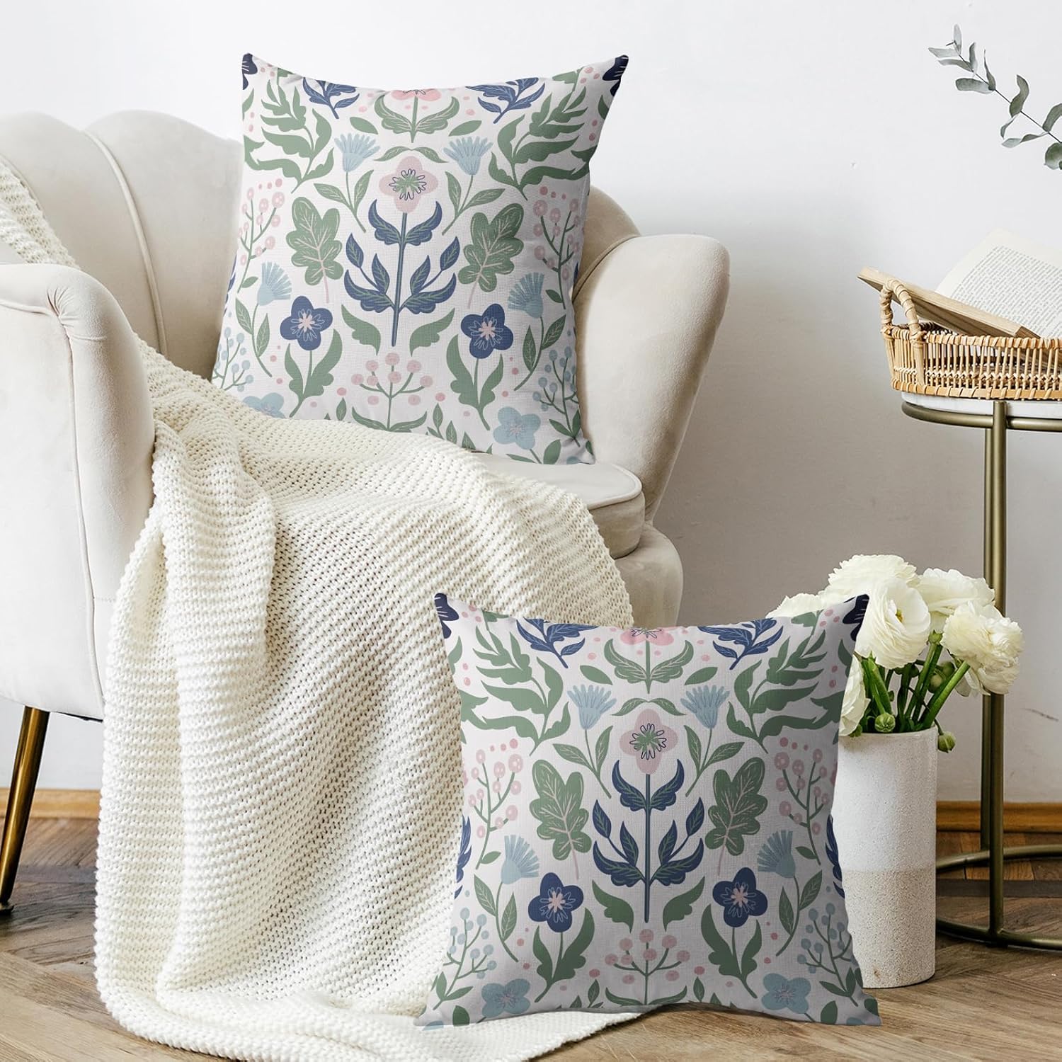Blue Green Floral Pillow Covers 18x18 Set of 2 Spring Summer Navy Pink Flower Sage Leaves Block Print Decorative Throw Pillow Cases Outdoor Farmhouse Decoration for Sofa Couch Bed - Image 3