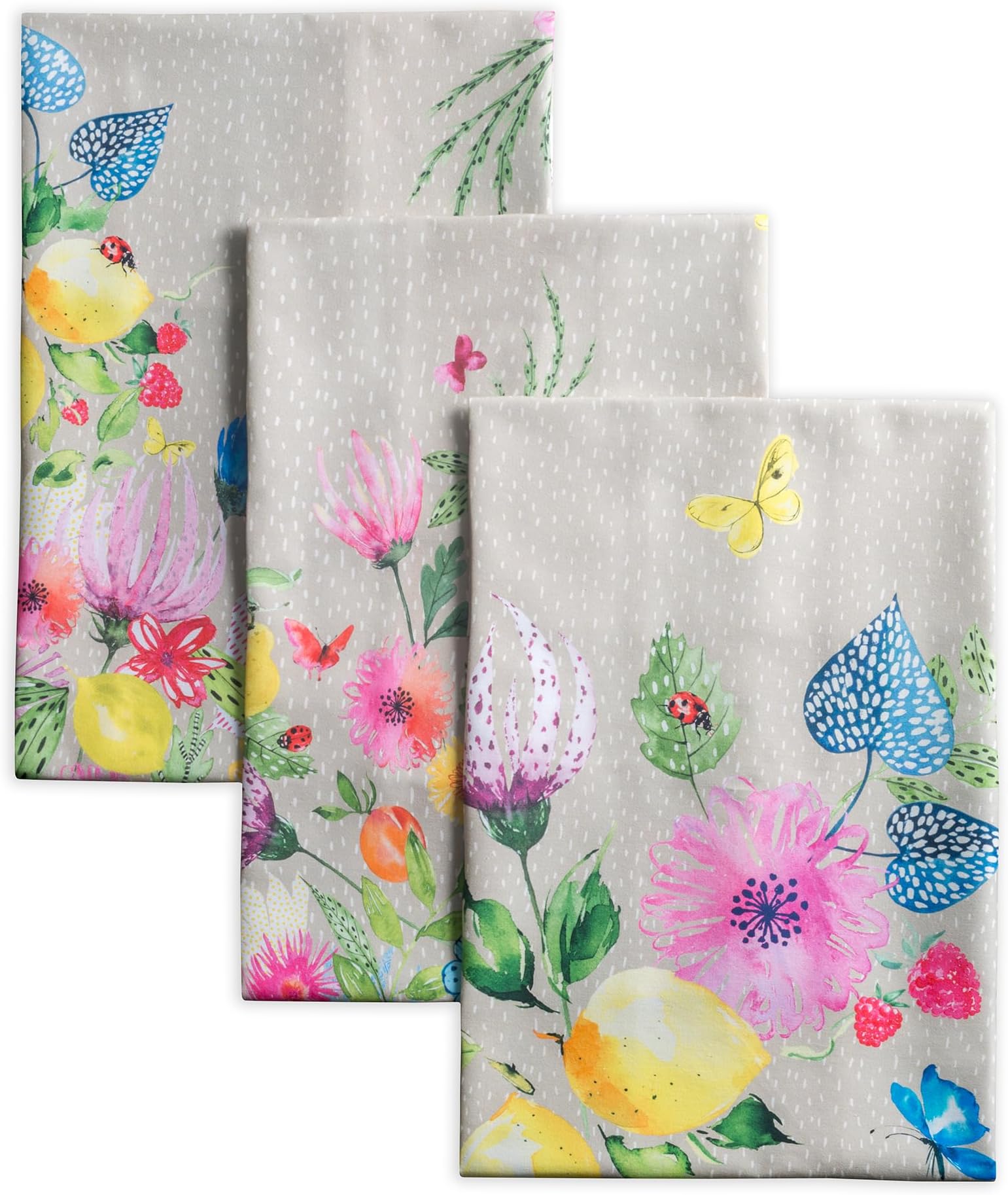 Maison d' Hermine Kitchen Towels Set of 3 100% Cotton 27.50" x 20" Reusable Cloth Tea Dish Towels Absorbent with Hanging Loop for Kitchen Gifts for Mothers Day Spring/Summer (Jardin D'Ete - Fog)