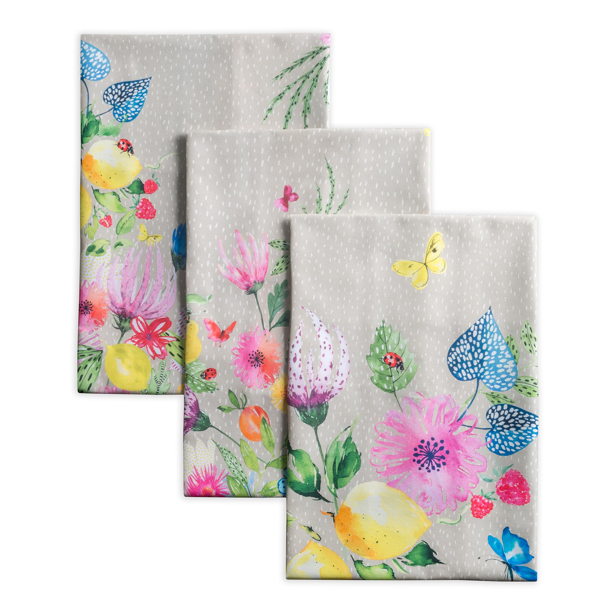Maison d' Hermine Kitchen Towels Set of 3 100% Cotton 70 CM x 50 CM Reusable Cloth Tea Dish Towels Absorbent with Hanging Loop for Kitchen Dining Hotel Spring Summer (Jardin D'Ete - Fog)