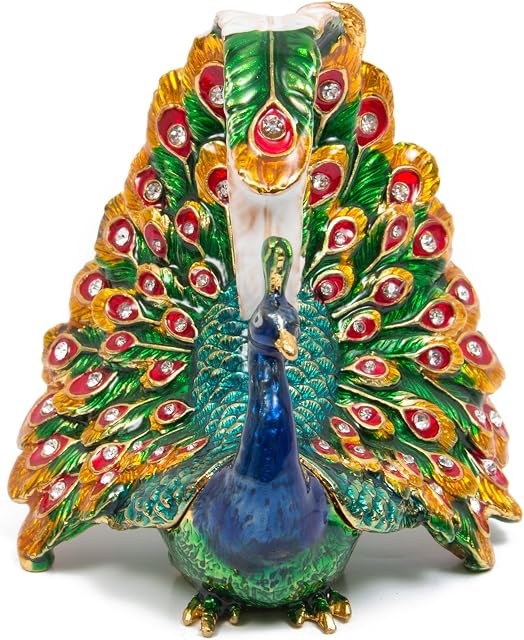 QIFU-Hand Painted Enameled Peacock Decorative Hinged Jewelry Trinket Box Unique Gift For Home Decor