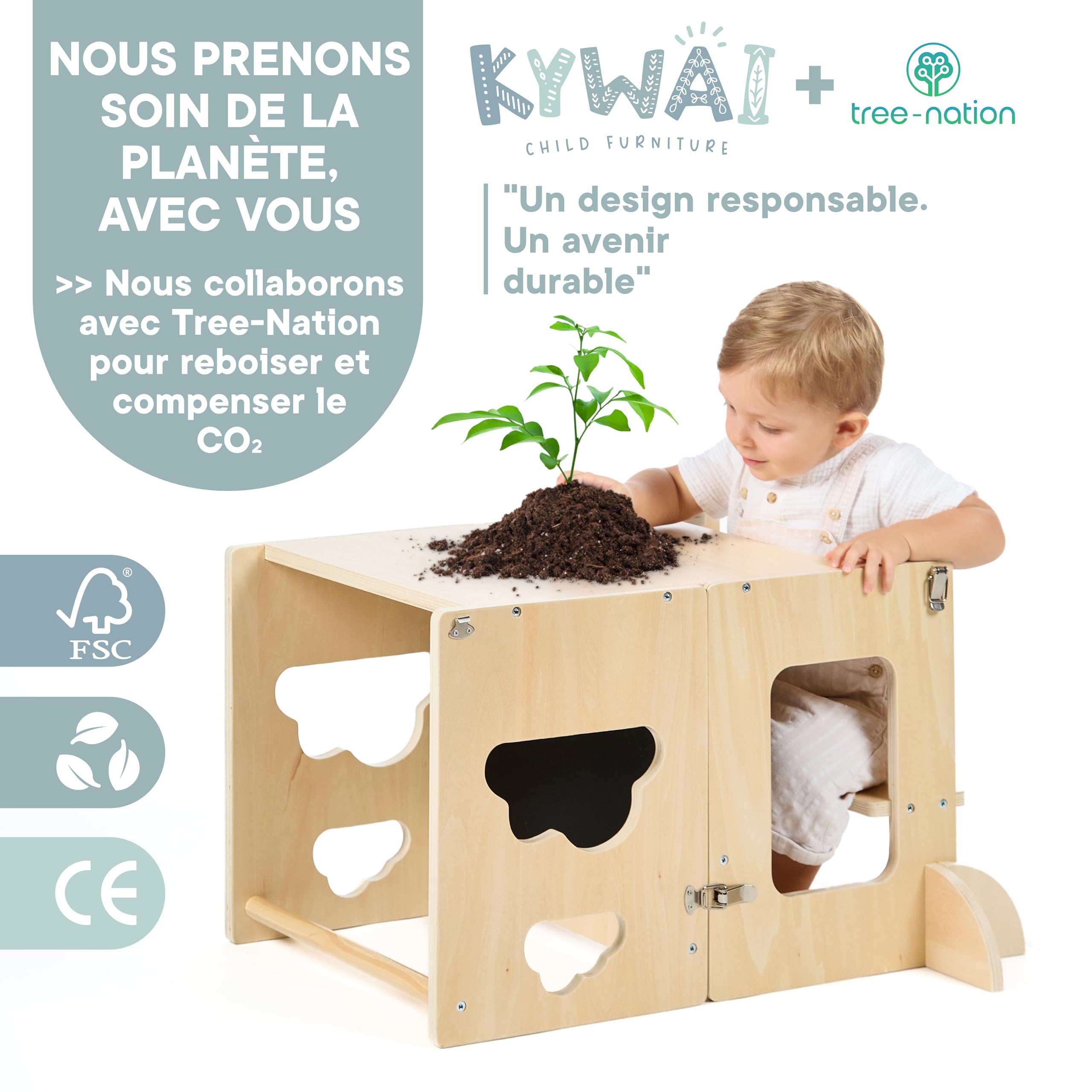Tour d'observation enfant Montessori pliable 3 en 1 convertible en bureau avec ardoise, bois FSC
