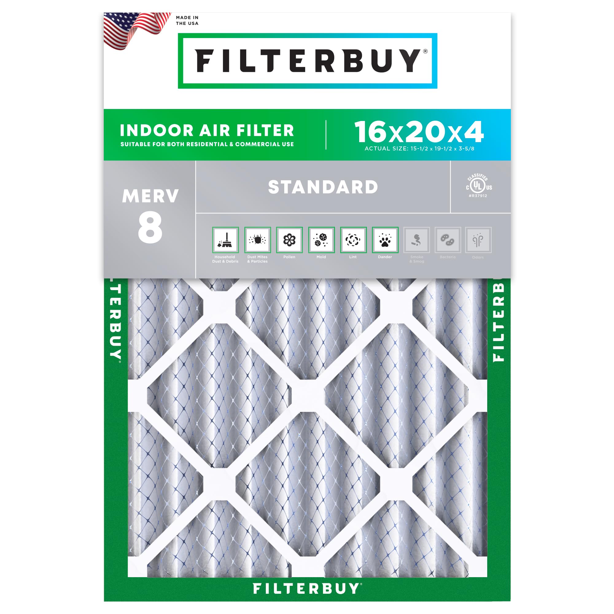 Filterbuy 16x20x4 Air Filter MERV 8 Dust Defense (1-Pack), Pleated HVAC AC Furnace Air Filters Replacement (Actual Size: 15.50 x 19.50 x 3.63 Inches)