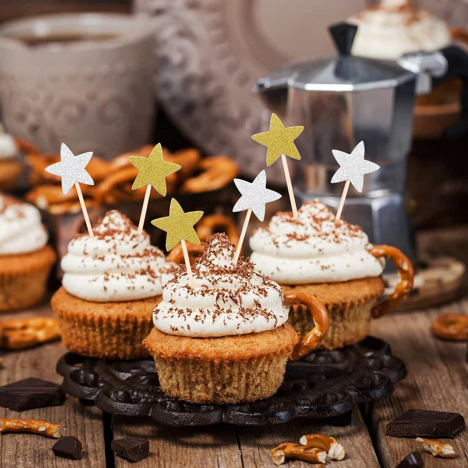 Pistha 50 Pcs Star Cupcake Toppers Glitter Twinkle Star Cupcake Picks for Wedding Baby Shower Birthday Party(Gold,Silver)
