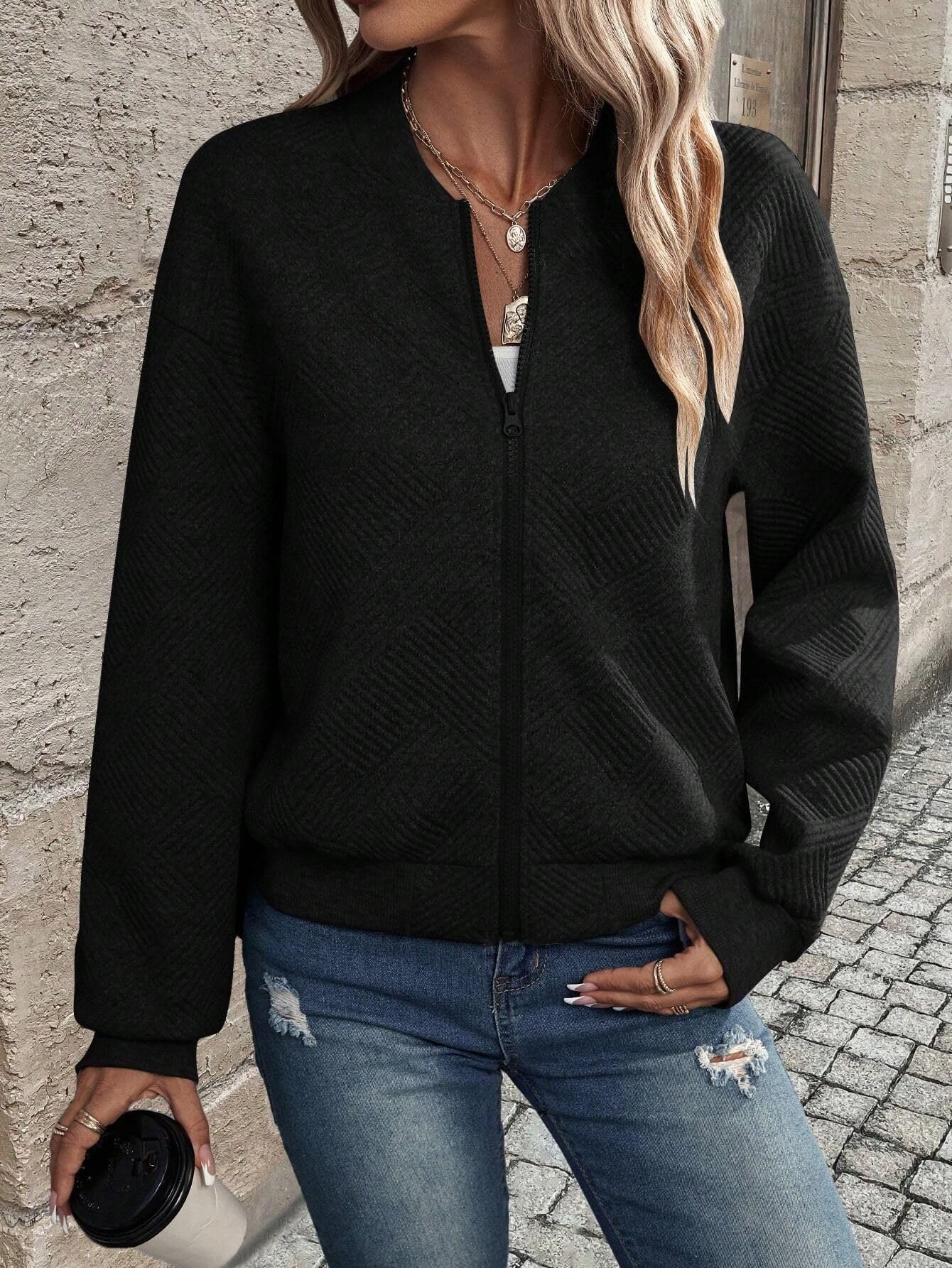 Femmes Manches Longues Blouson Jacquard Bombardier Décontracté Zippée Veste de Baseball Légère